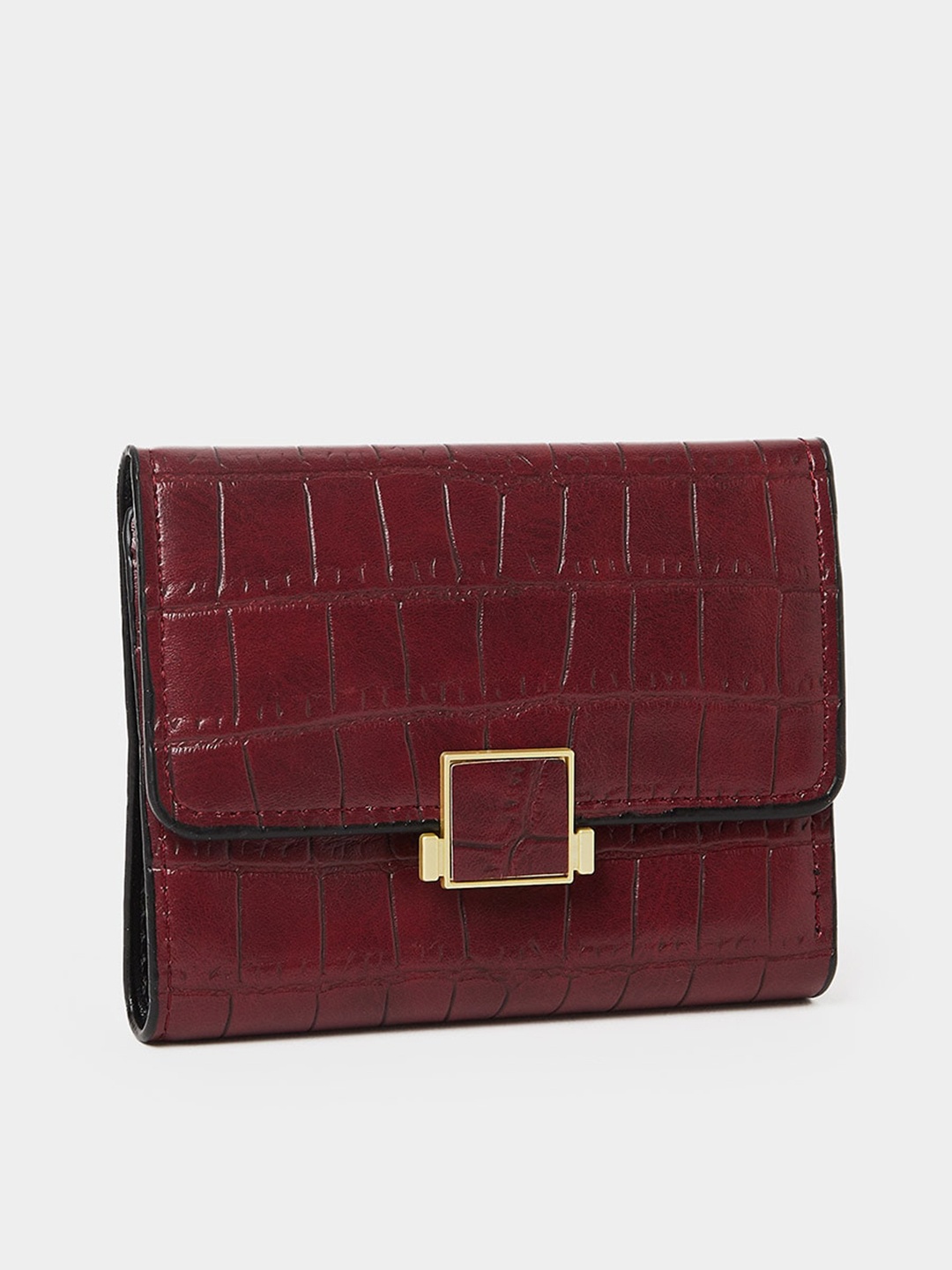 

Styli Women Croc Textured Buckle Detail Two Fold Wallets, Maroon