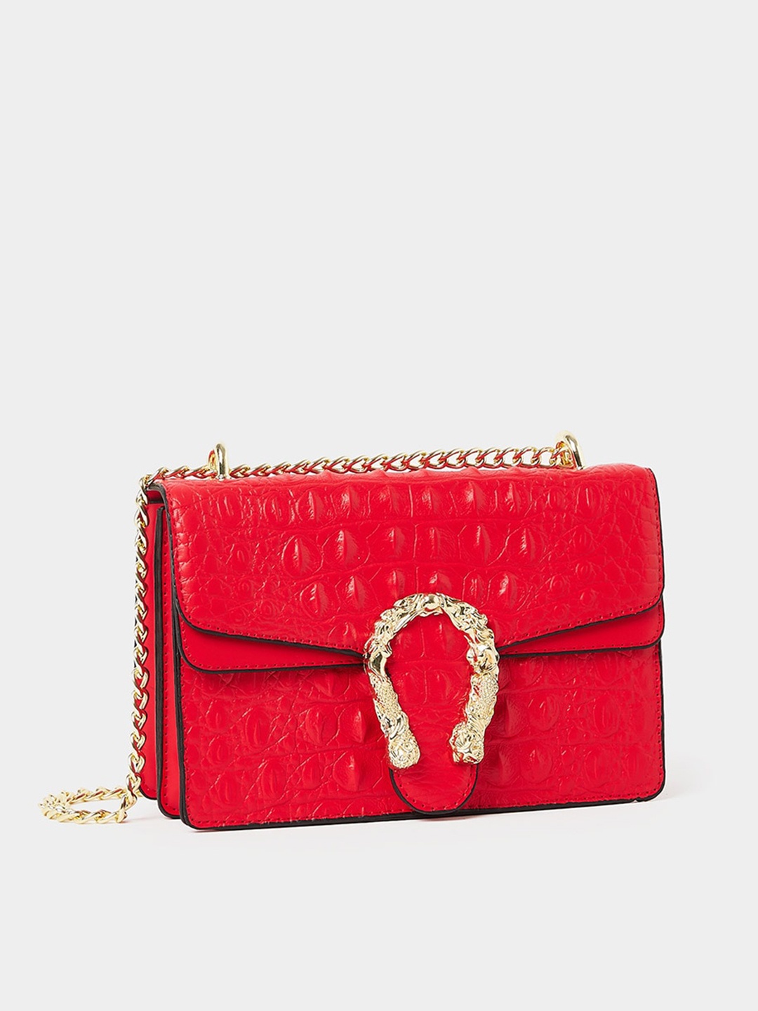 

Styli Women Textured Structured Shoulder Bag with Buckle Detail, Red