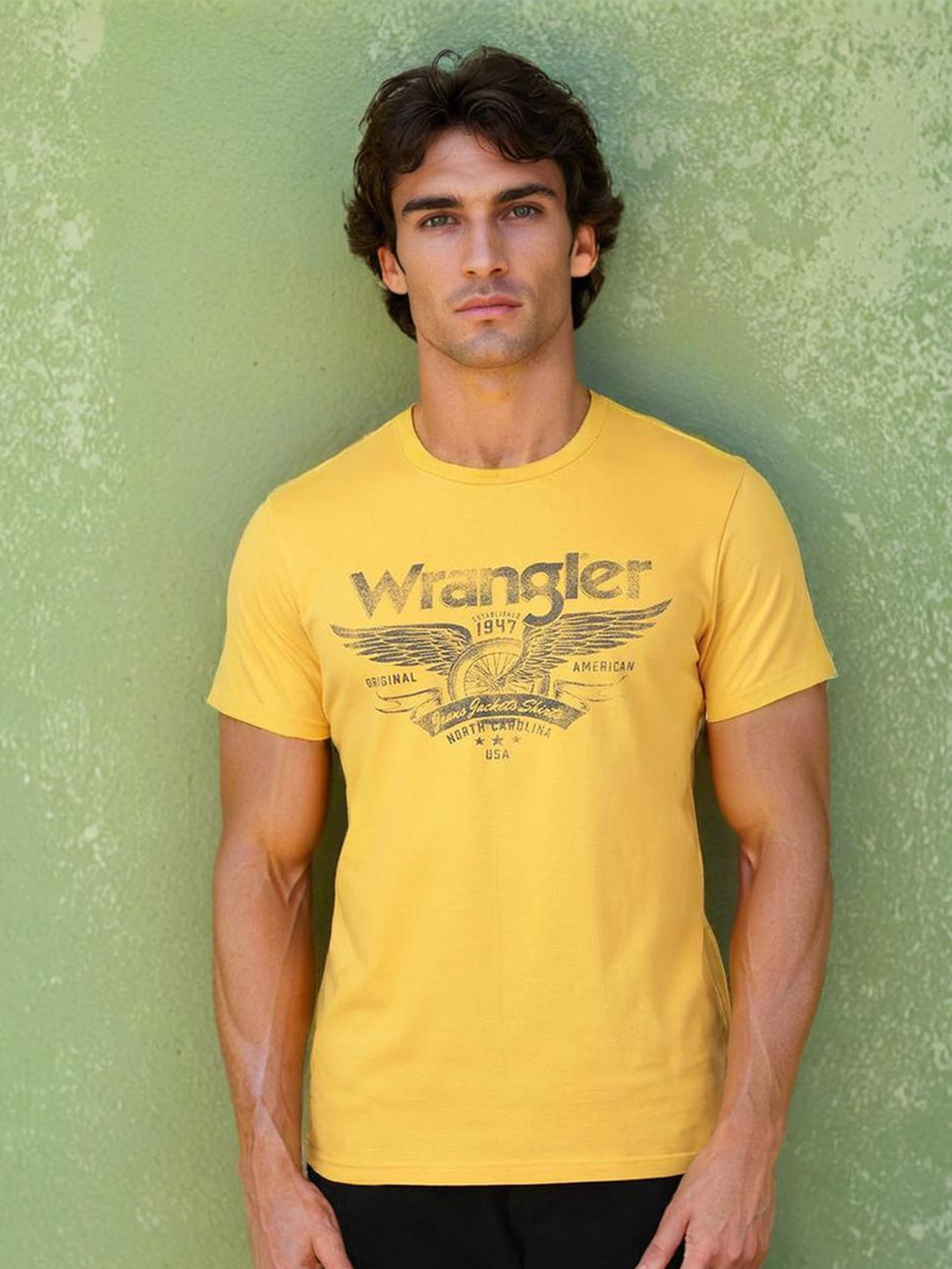 

Wrangler Men Graphic Printed Cotton T-shirt, Yellow