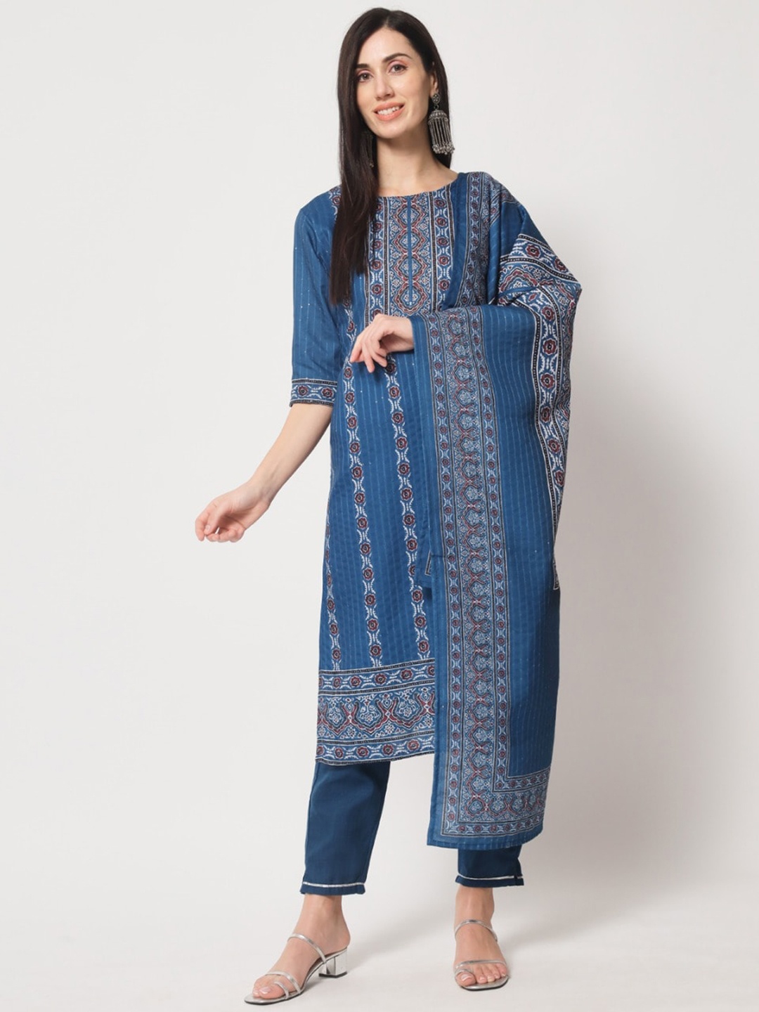 

MORLY Women Printed Sequinned Kurta with Trousers & Dupatta, Blue