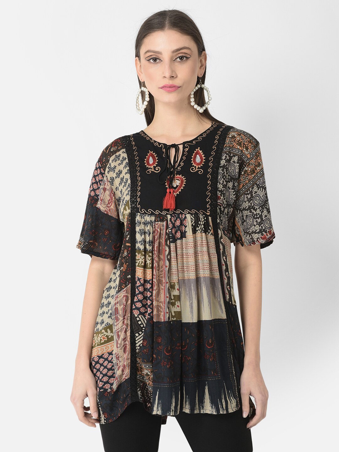 

VELDRESS Print Tie-Up Neck A-Line Top, Black