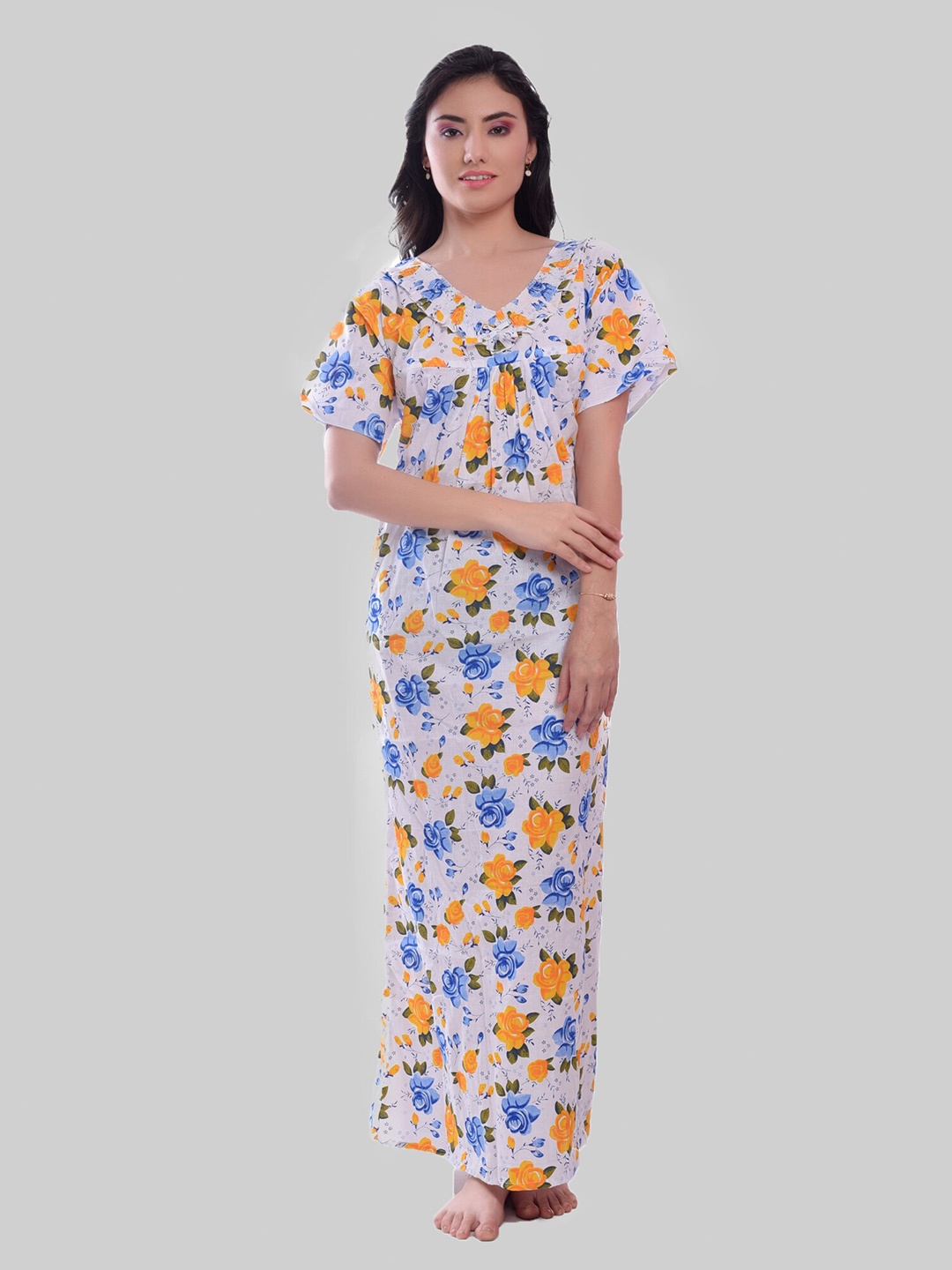 

CIERGE Floral Printed Pure Cotton Maxi Nightdress, Yellow