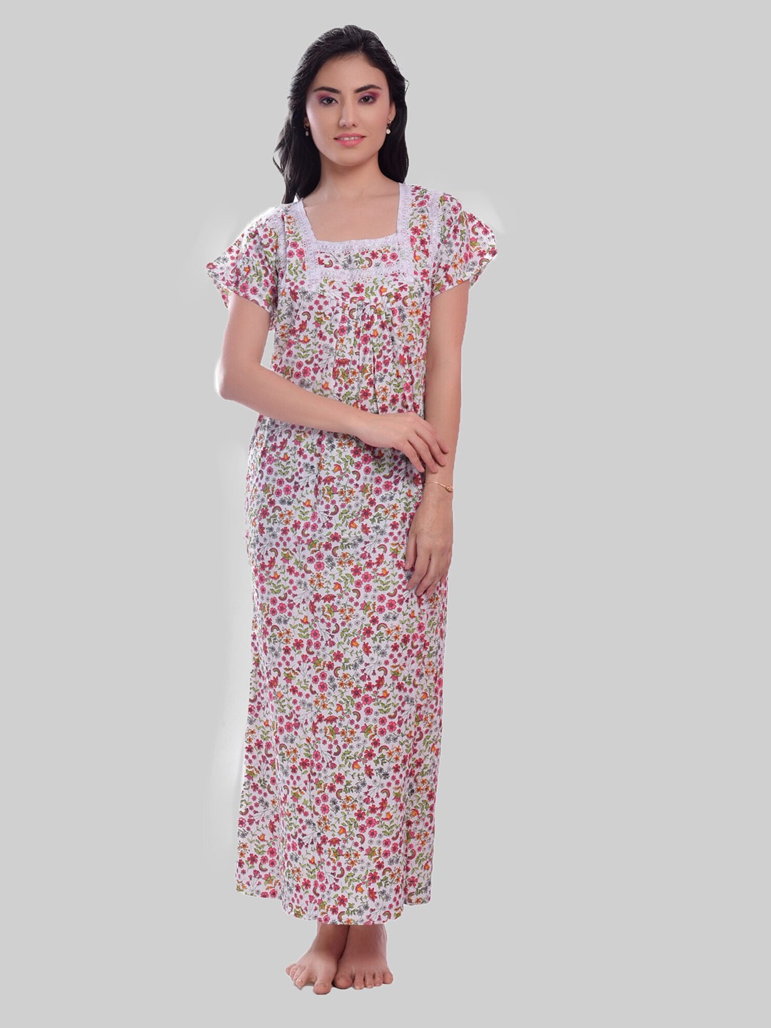 

CIERGE Floral Printed Pure Cotton Maxi Nightdress, Pink