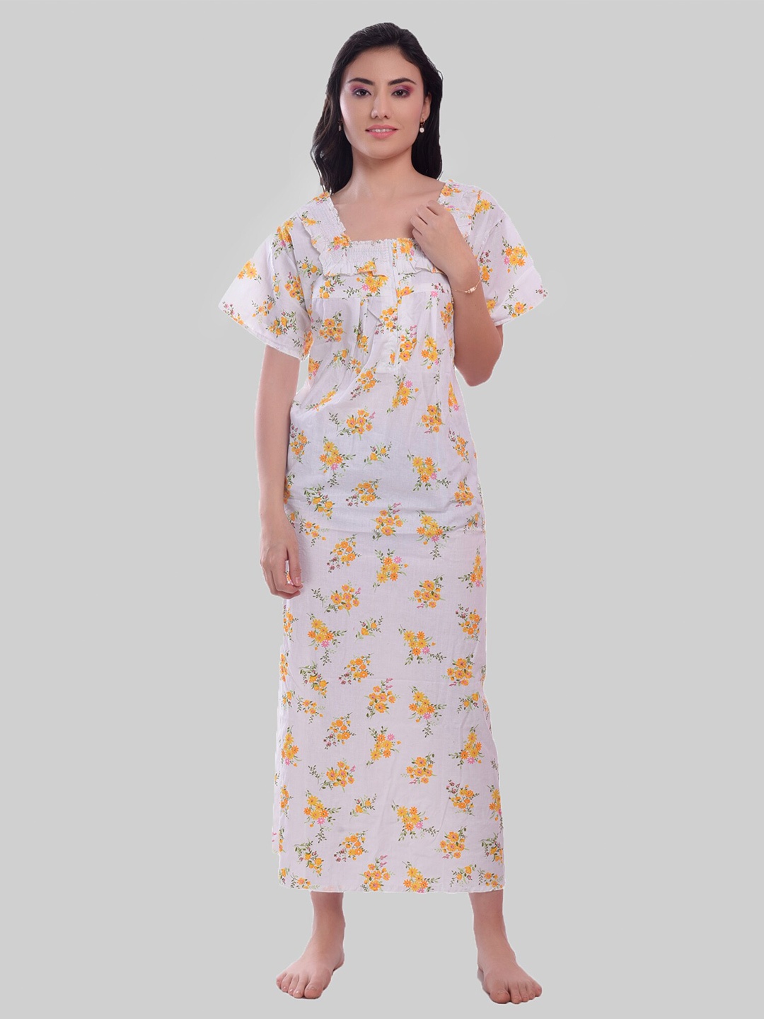 

CIERGE Floral Printed Pure Cotton Maxi Nightdress, Yellow