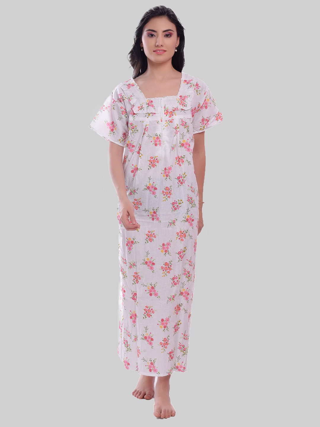 

CIERGE Floral Printed Pure Cotton Maxi Nightdress, White