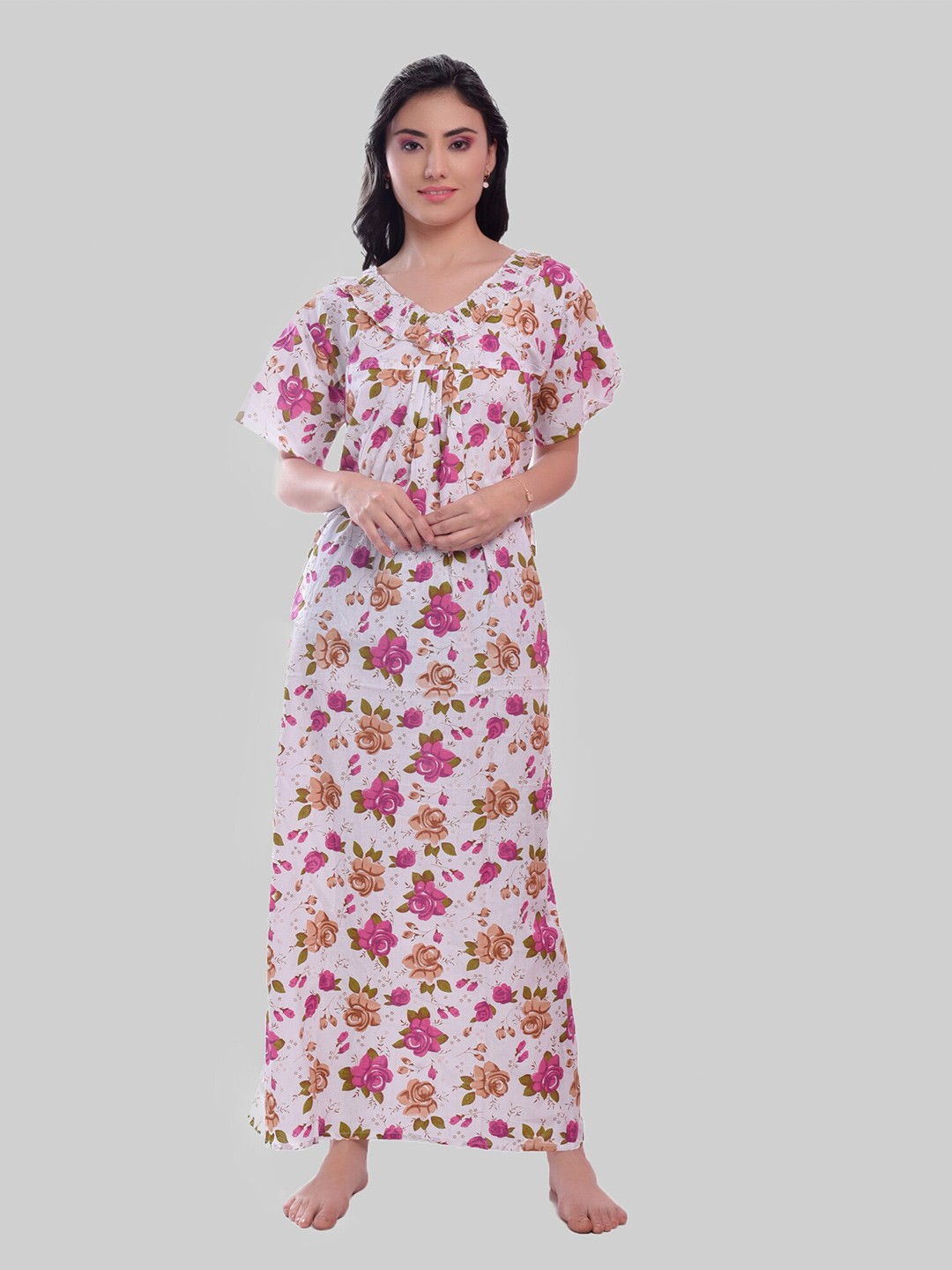 

CIERGE Floral Printed Pure Cotton Maxi Nightdress, Pink