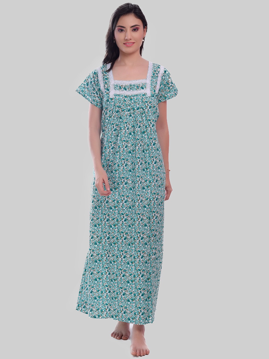 

CIERGE Floral Printed Pure Cotton Maxi Nightdress, Green