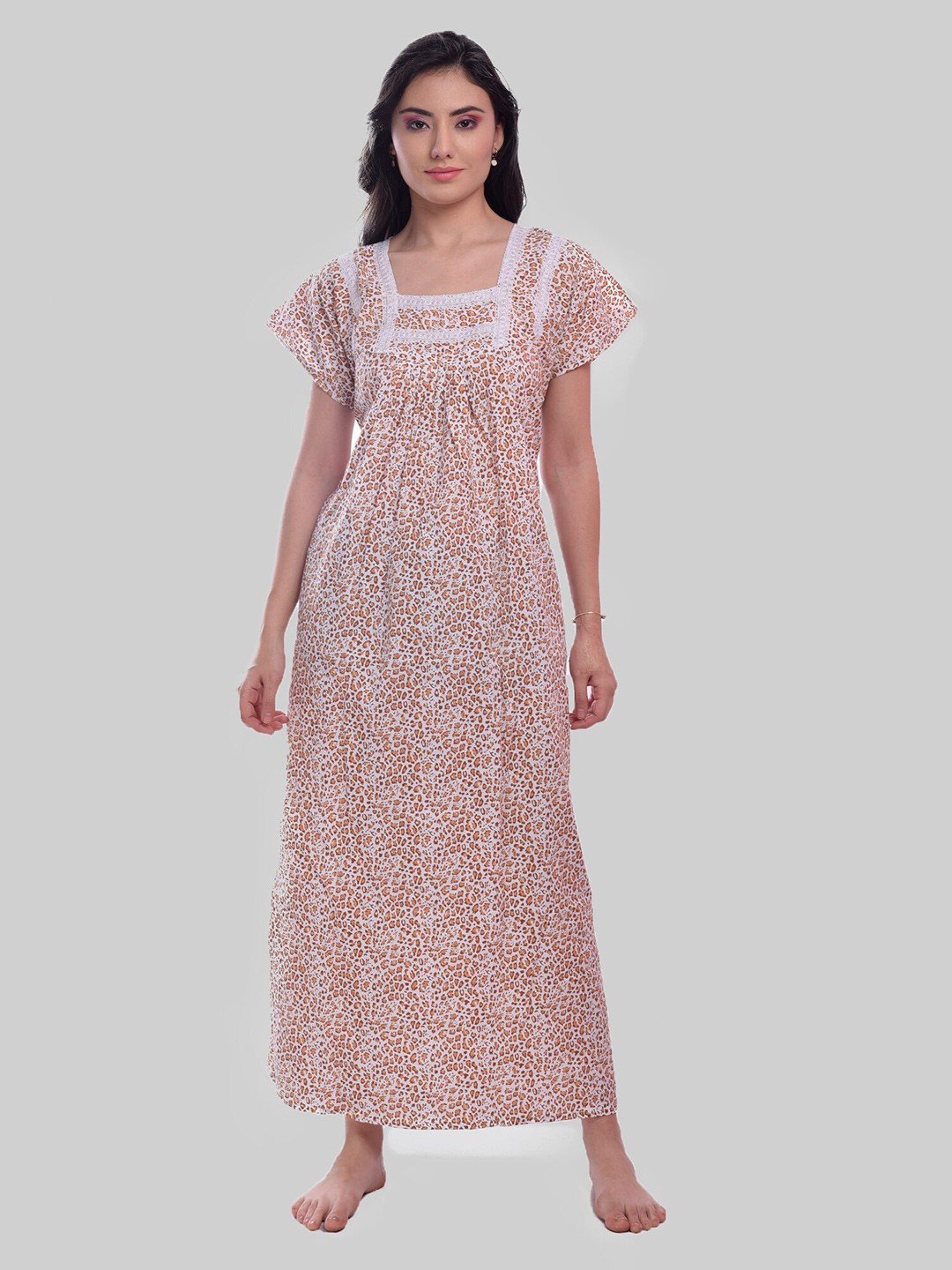 

CIERGE Floral Printed Pure Cotton Maxi Nightdress, Brown