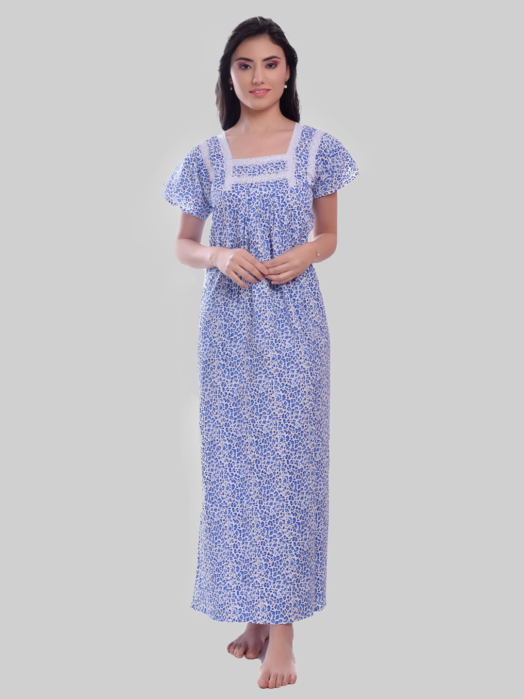 

CIERGE Animal Printed Pure Cotton Maxi Nightdress, Blue