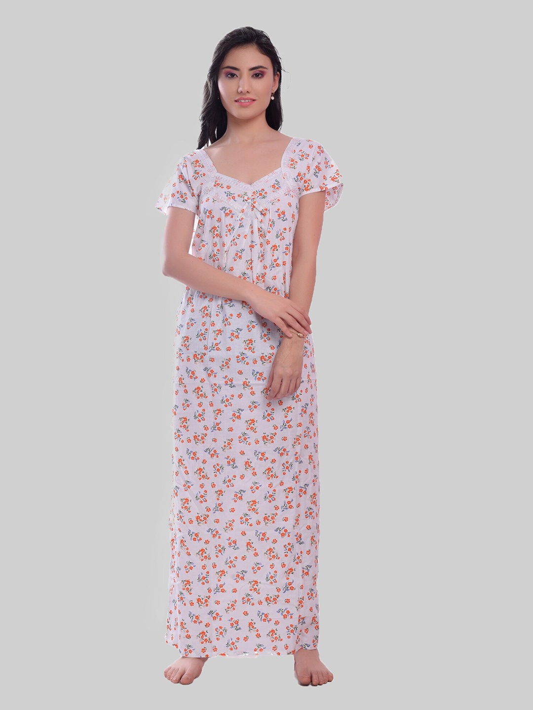 

CIERGE Floral Printed Pure Cotton Maxi Nightdress, Orange