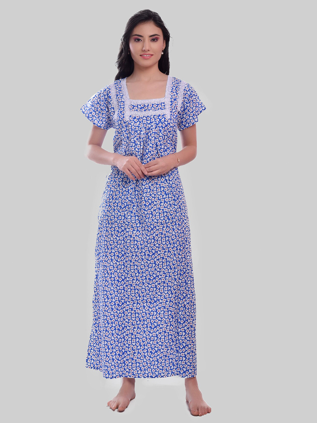 

CIERGE Floral Printed Pure Cotton Maxi Nightdress, Blue