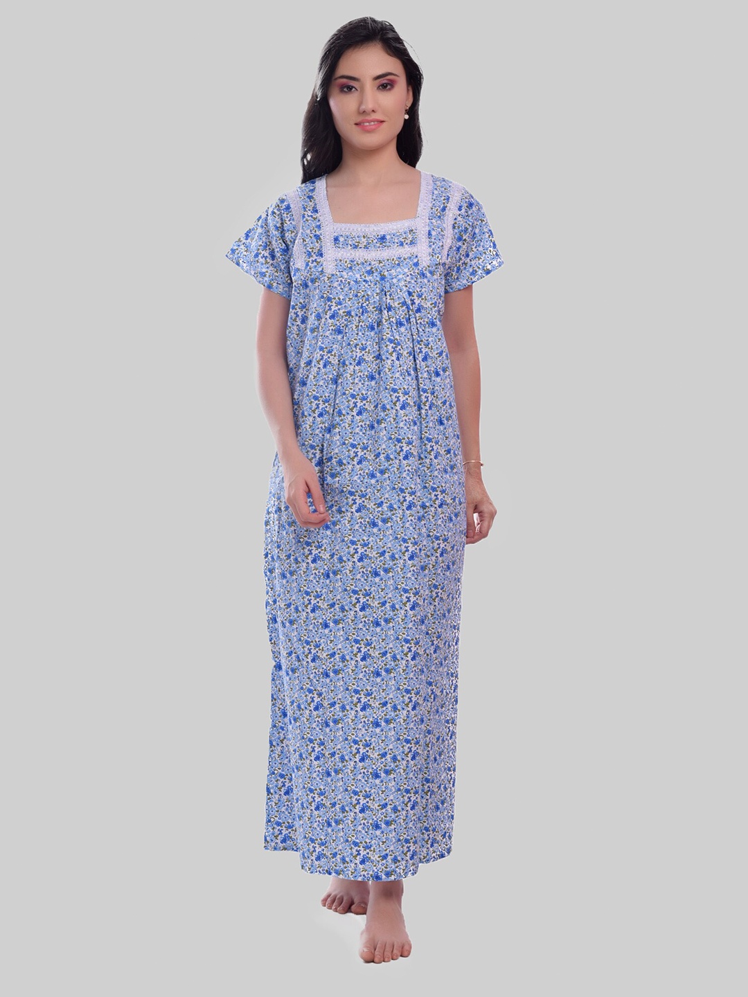 

CIERGE Floral Printed Pure Cotton Maxi Nightdress, Blue
