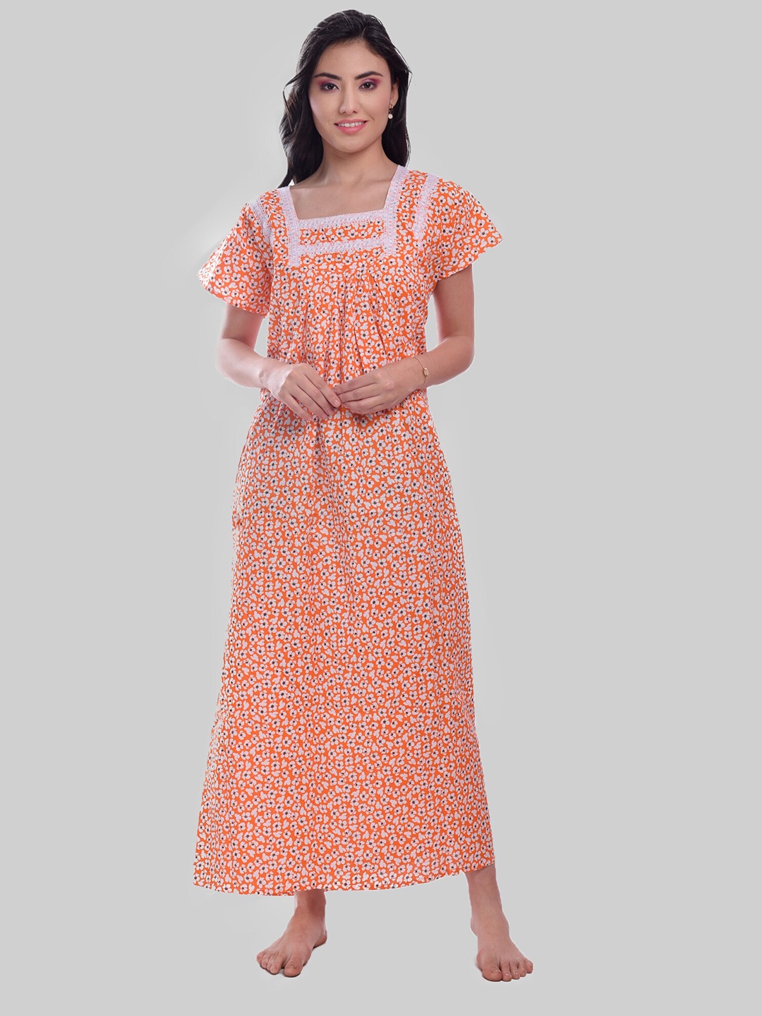 

CIERGE Floral Printed Pure Cotton Maxi Nightdress, Orange