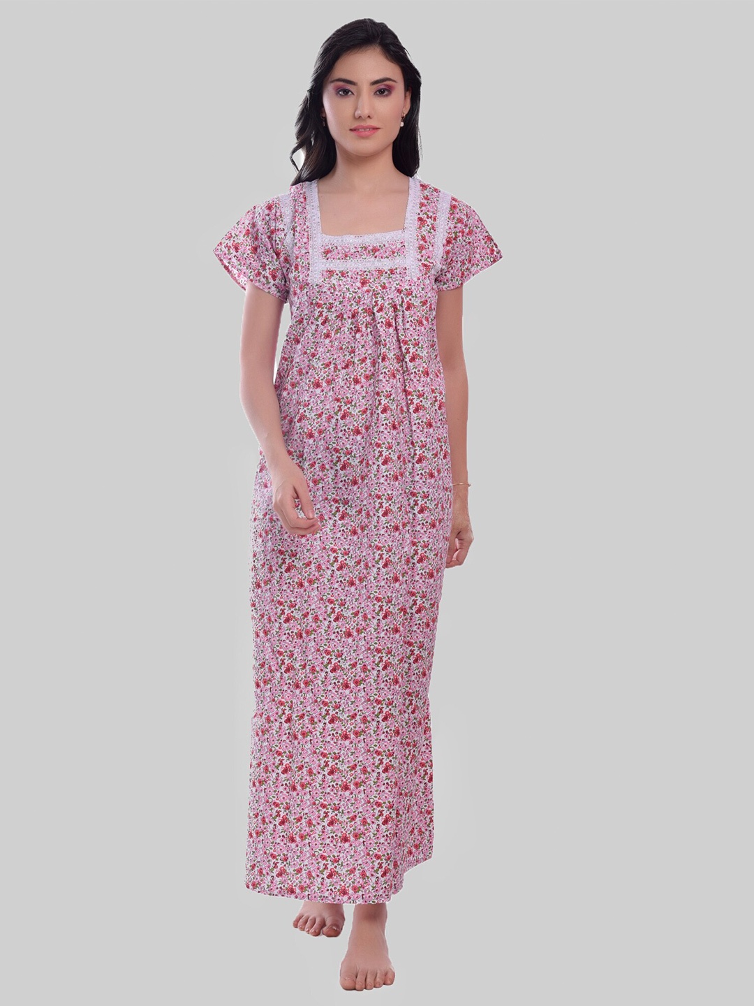 

CIERGE Floral Printed Pure Cotton Maxi Nightdress, Pink