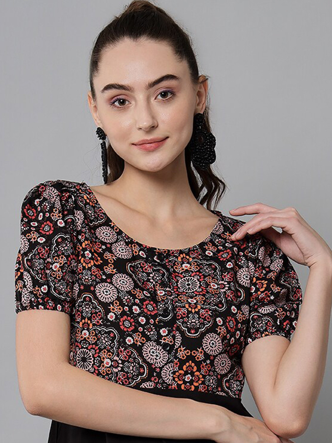 

emeros Floral Printed Puff Sleeves Fit & Flare Dress, Black