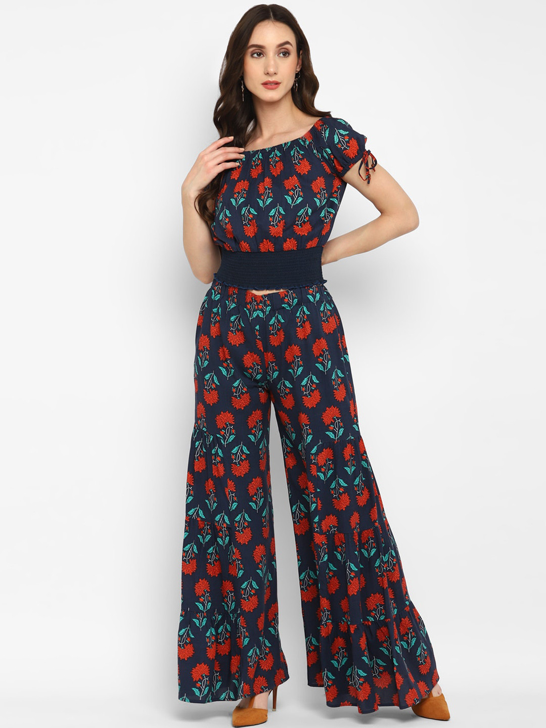 

Taurus Women Floral Printed Off-Shoulder Top With Tiered Trousers Co-Ords, Navy blue