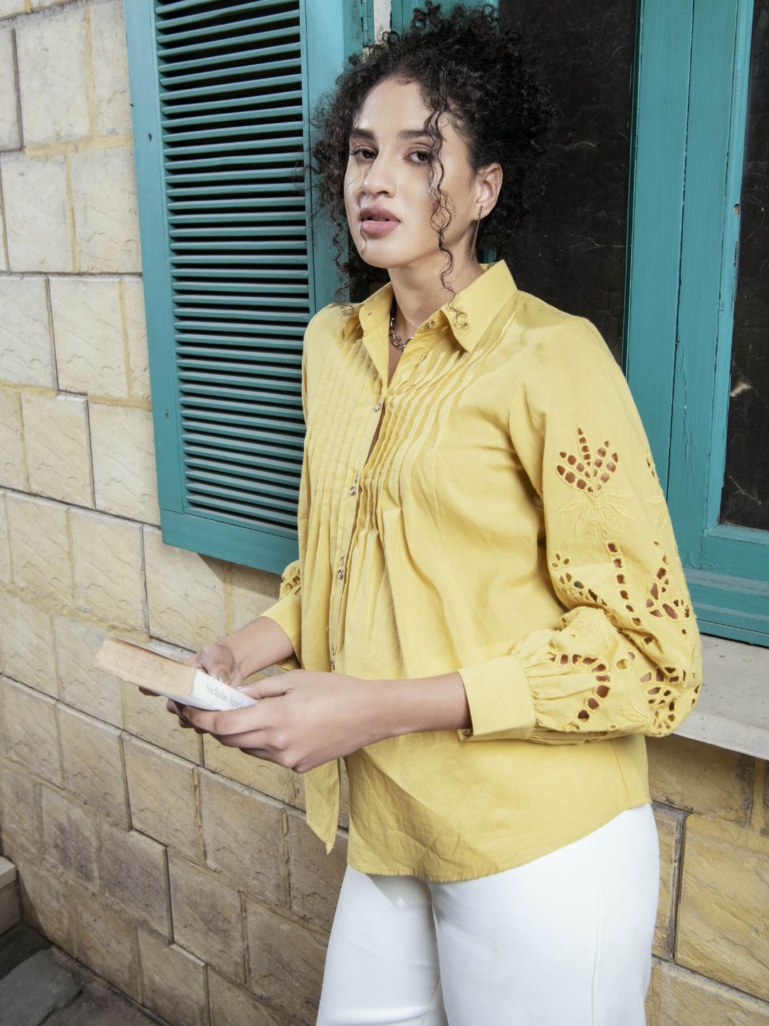 

Taurus Women Pin Tucks Schiffli Casual Cotton Shirt, Yellow
