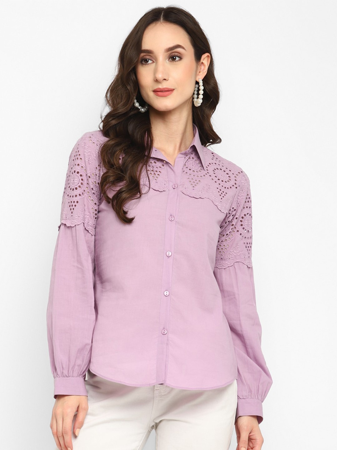 

Taurus Women Embroidered Schiffli Casual Cotton Shirt, Lavender