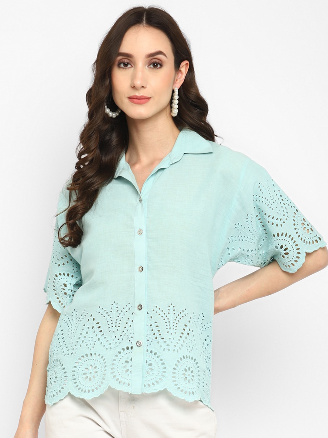 

Taurus Women Embroidered Schiffl Casual Cotton Shirt, Blue