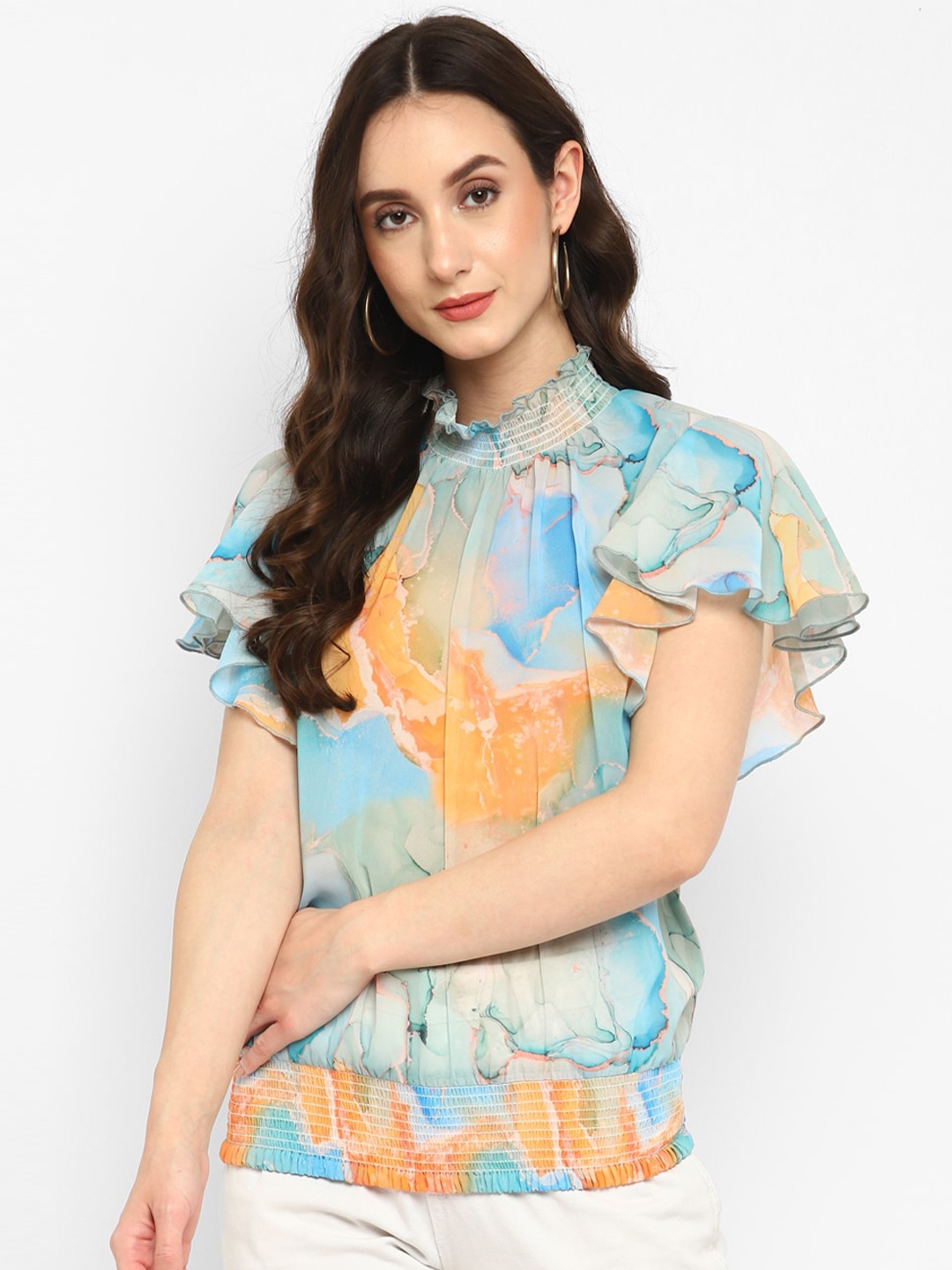 

Taurus Floral Printed Georgette High Neck Top, Blue