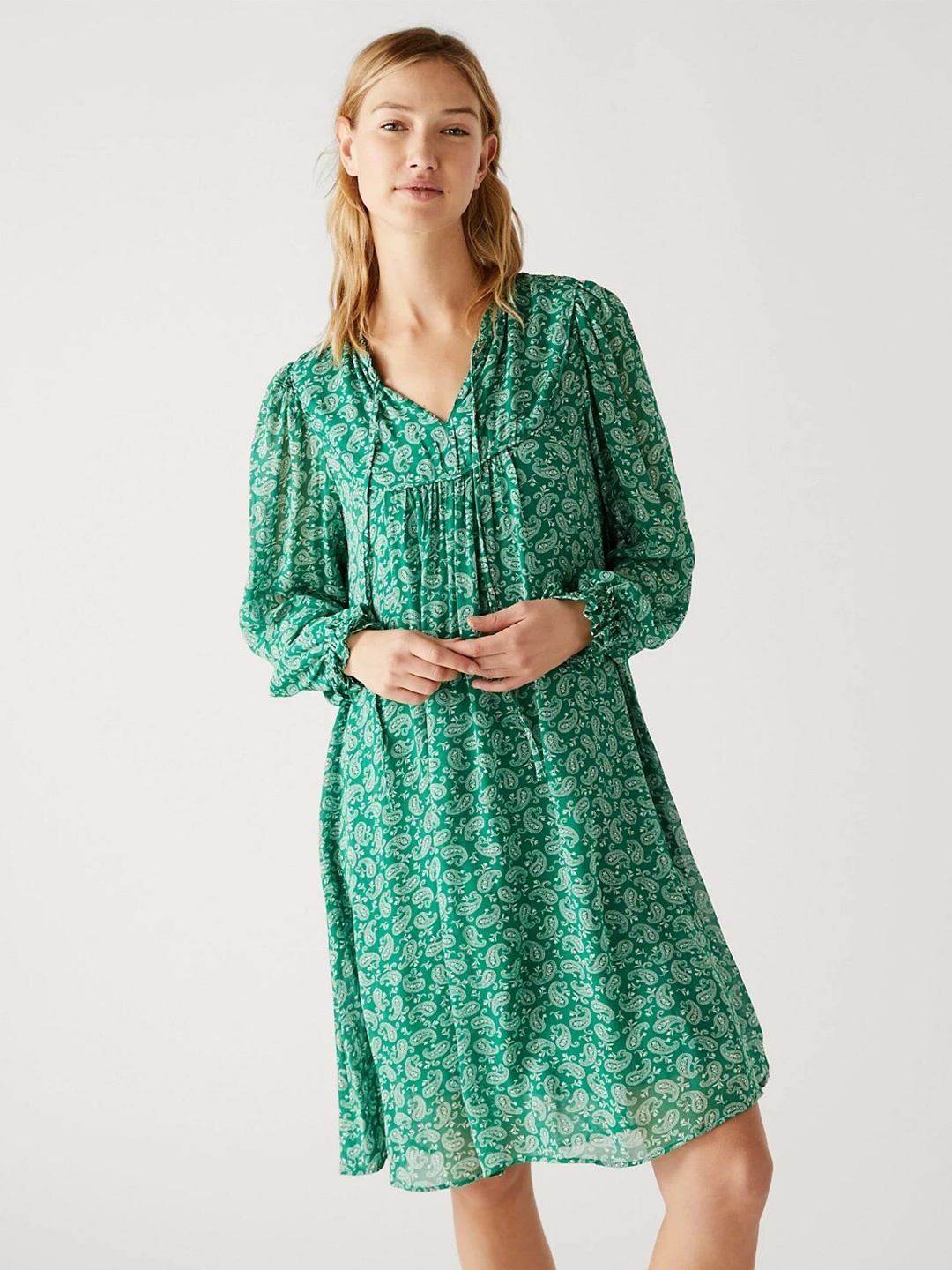 

Marks & Spencer Ethnic Motifs Tie-Up Neck A-Line Dress, Green