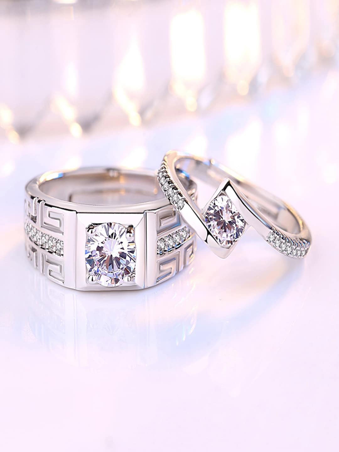 

Ethonica Set Of 2 Sterling Silver-Plated Stone Studded Adjustable Wedding Finger Rings, White