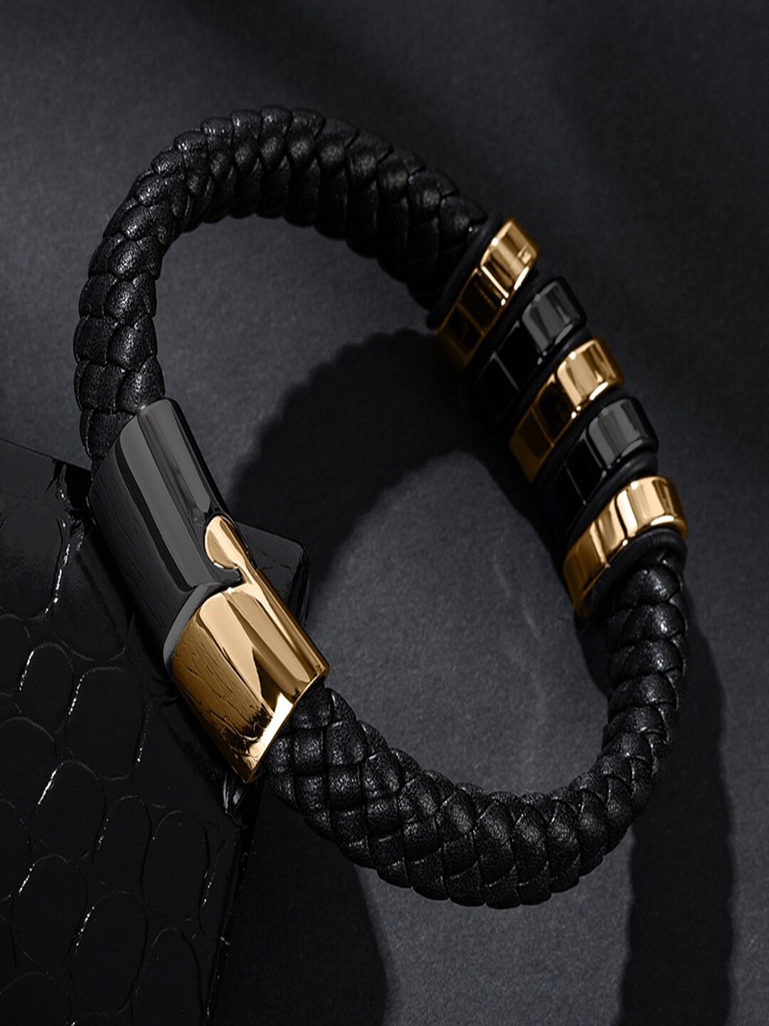 

Ethonica Men Gold-Plated with Leather Wraparound Bracelet, Black