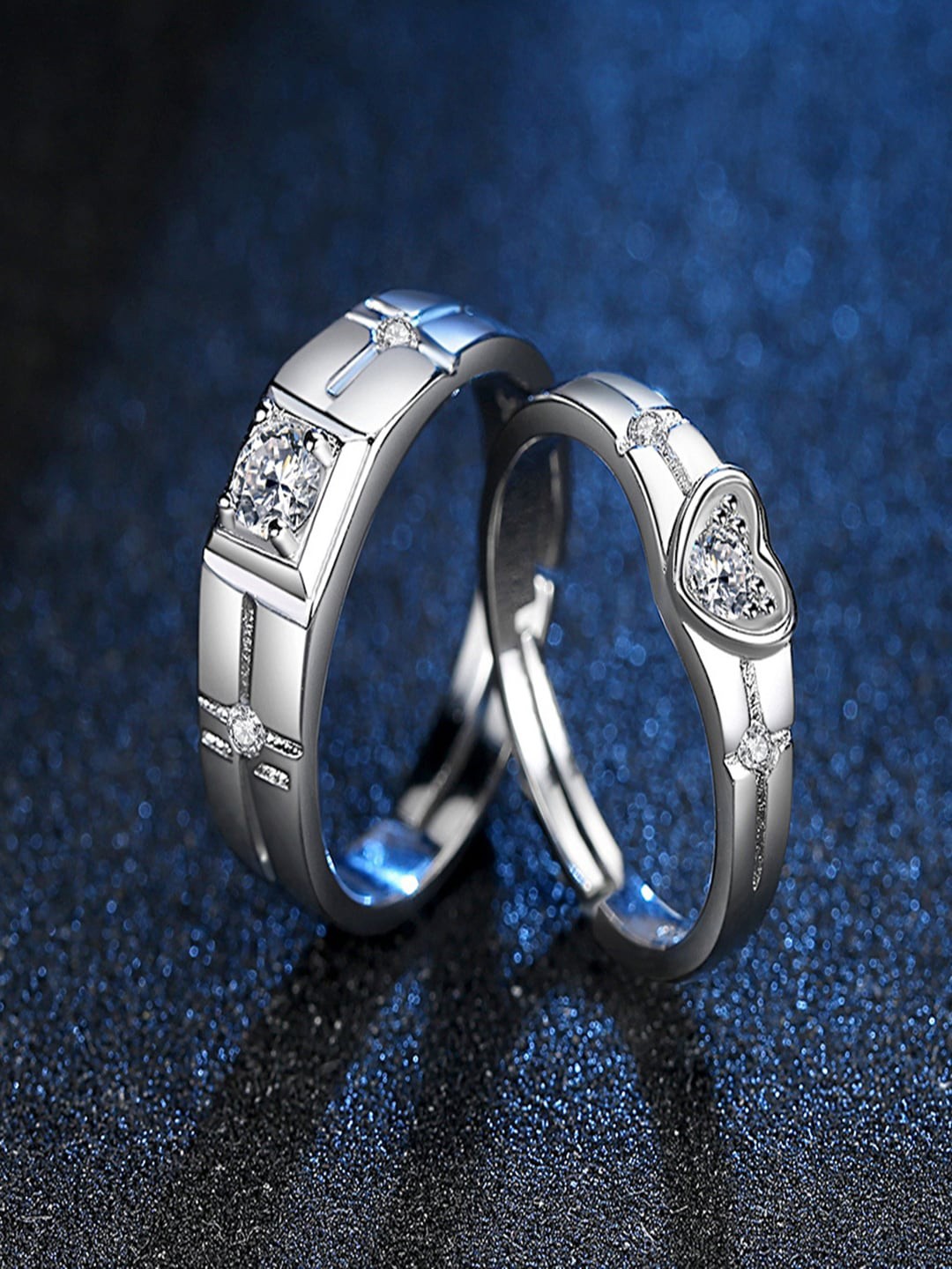 

Ethonica Set Of 2 92.5 Sterling Silver-Plated Stone-Studded Couple Adjustable Finger Rings