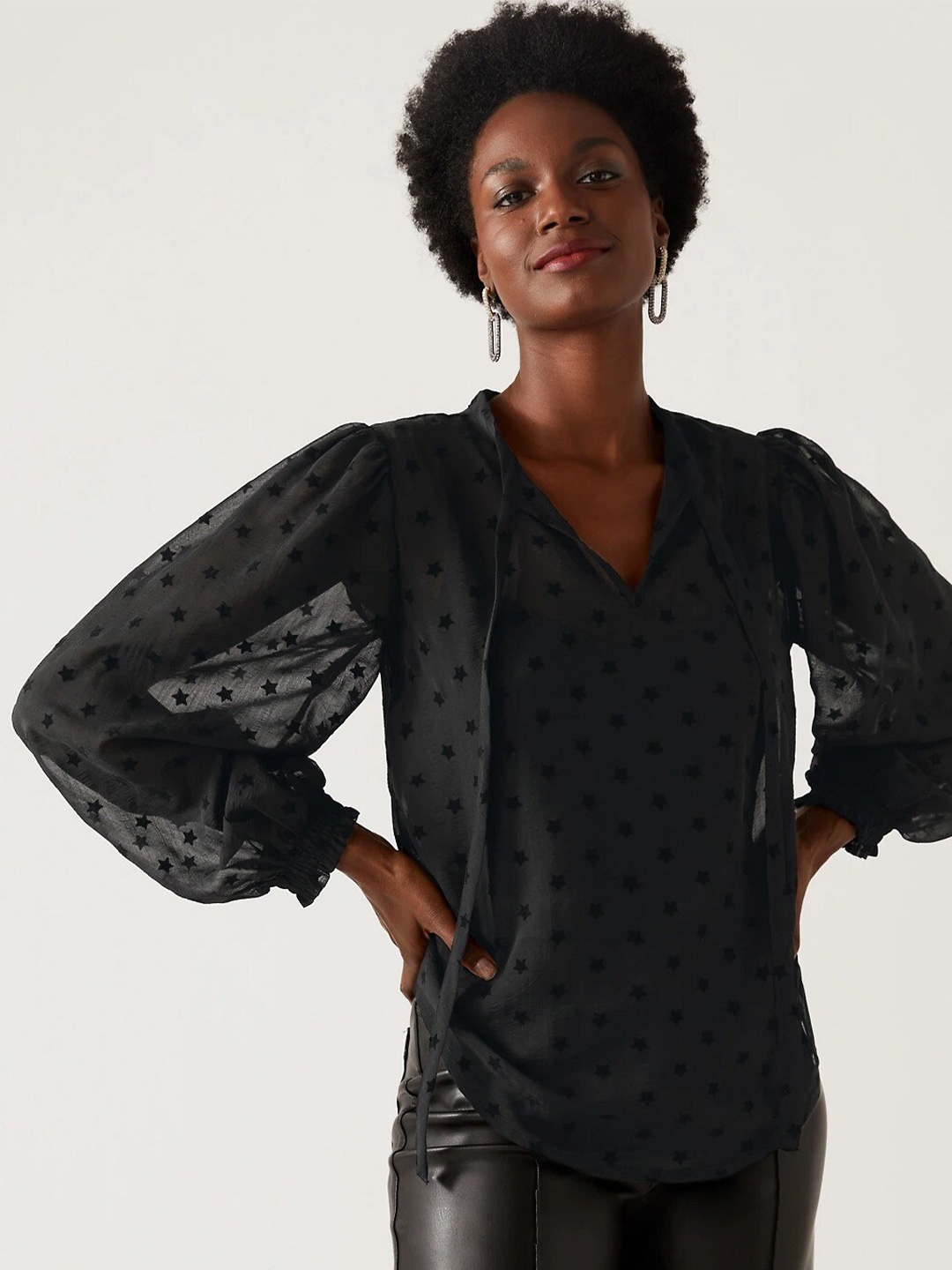 

Marks & Spencer Printed Tie-Up Neck Top, Black