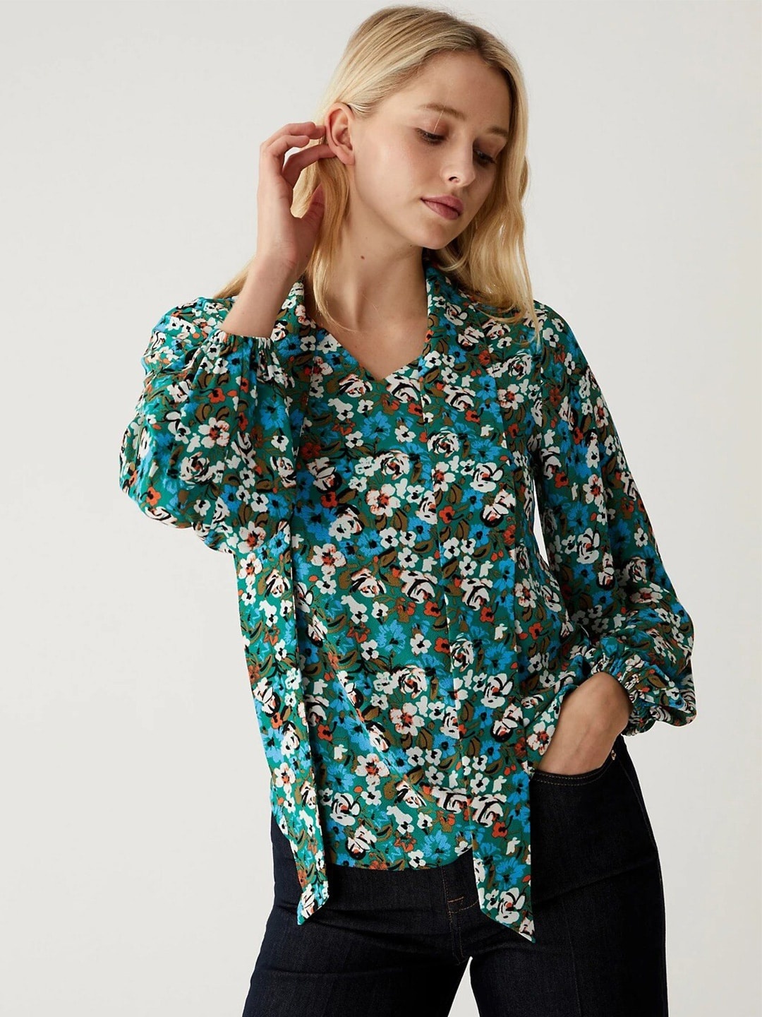 

Marks & Spencer V Neck Floral Printed Top, Green