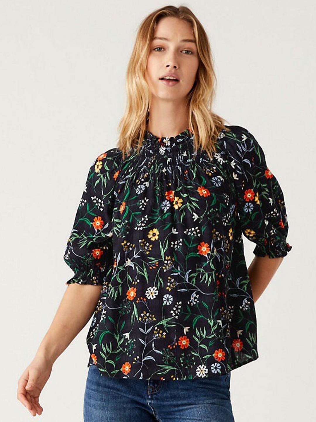 

Marks & Spencer Floral Printed Raglan Sleeves Regular Top, Navy blue