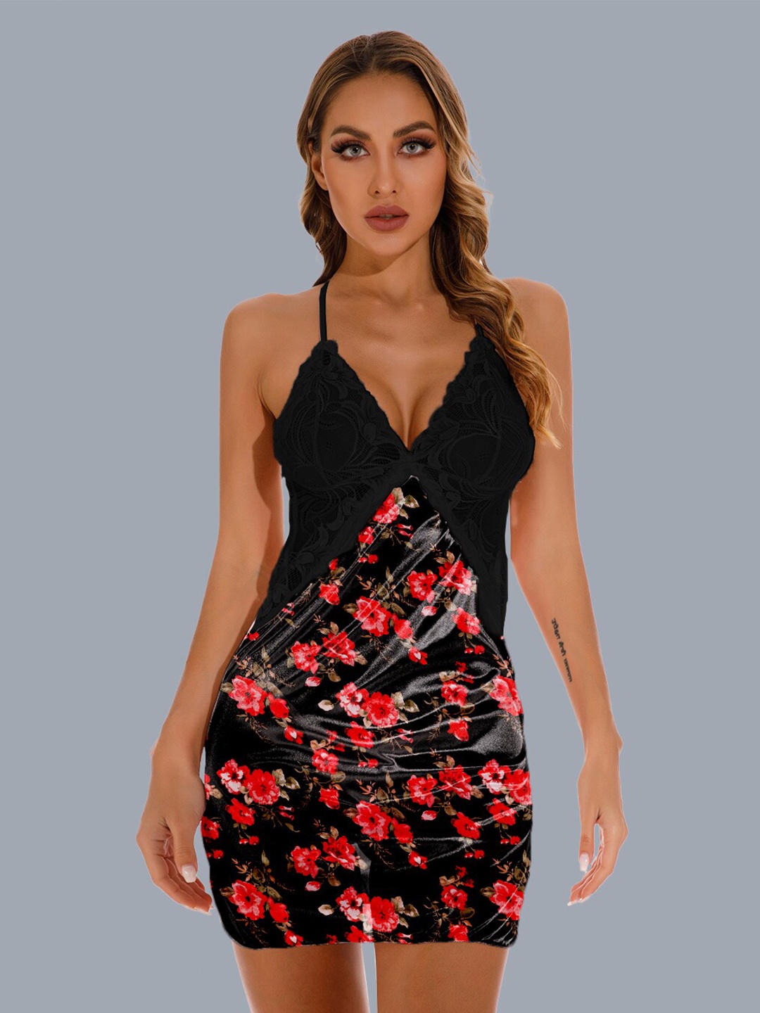 

Herryqeal Printed Shoulder Straps Satin Baby Doll, Black