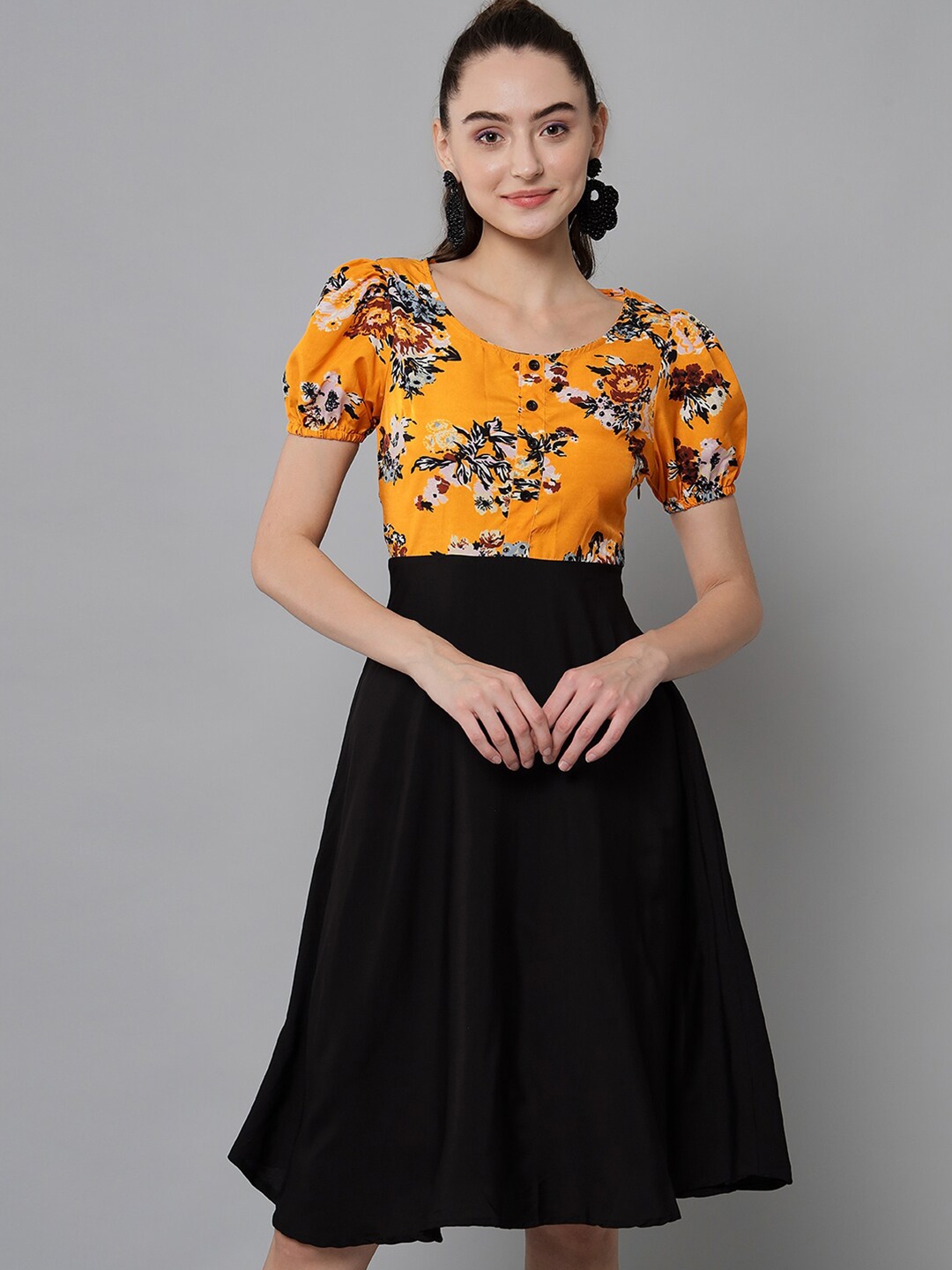 

emeros Floral Printed Puff Sleeves Fit & Flare Dress, Black