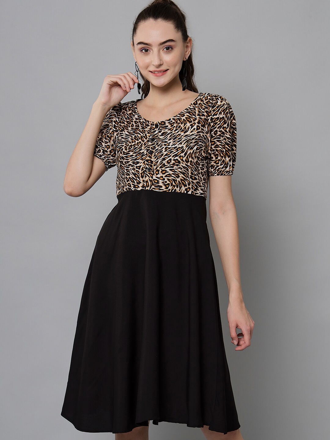 

emeros Animal Printed Puff Sleeves Fit & Flare Dress, Black