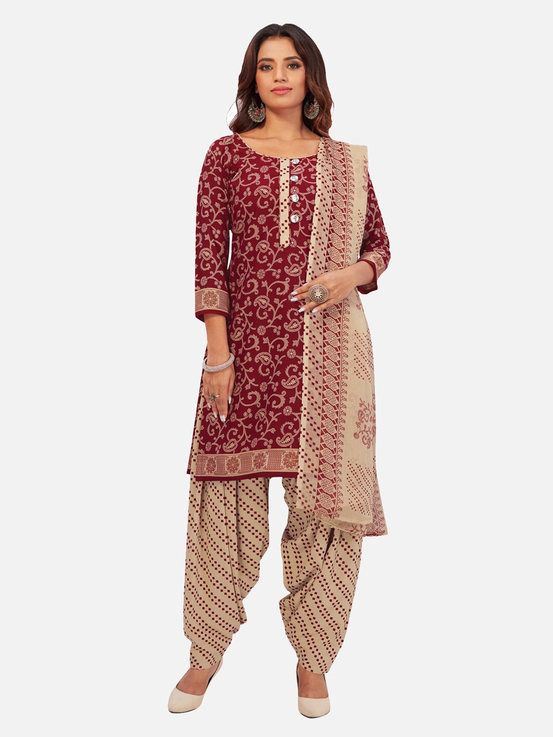 

SALWAR STUDIO Ethnic Motif Printed Unstitched Dress Material, Maroon