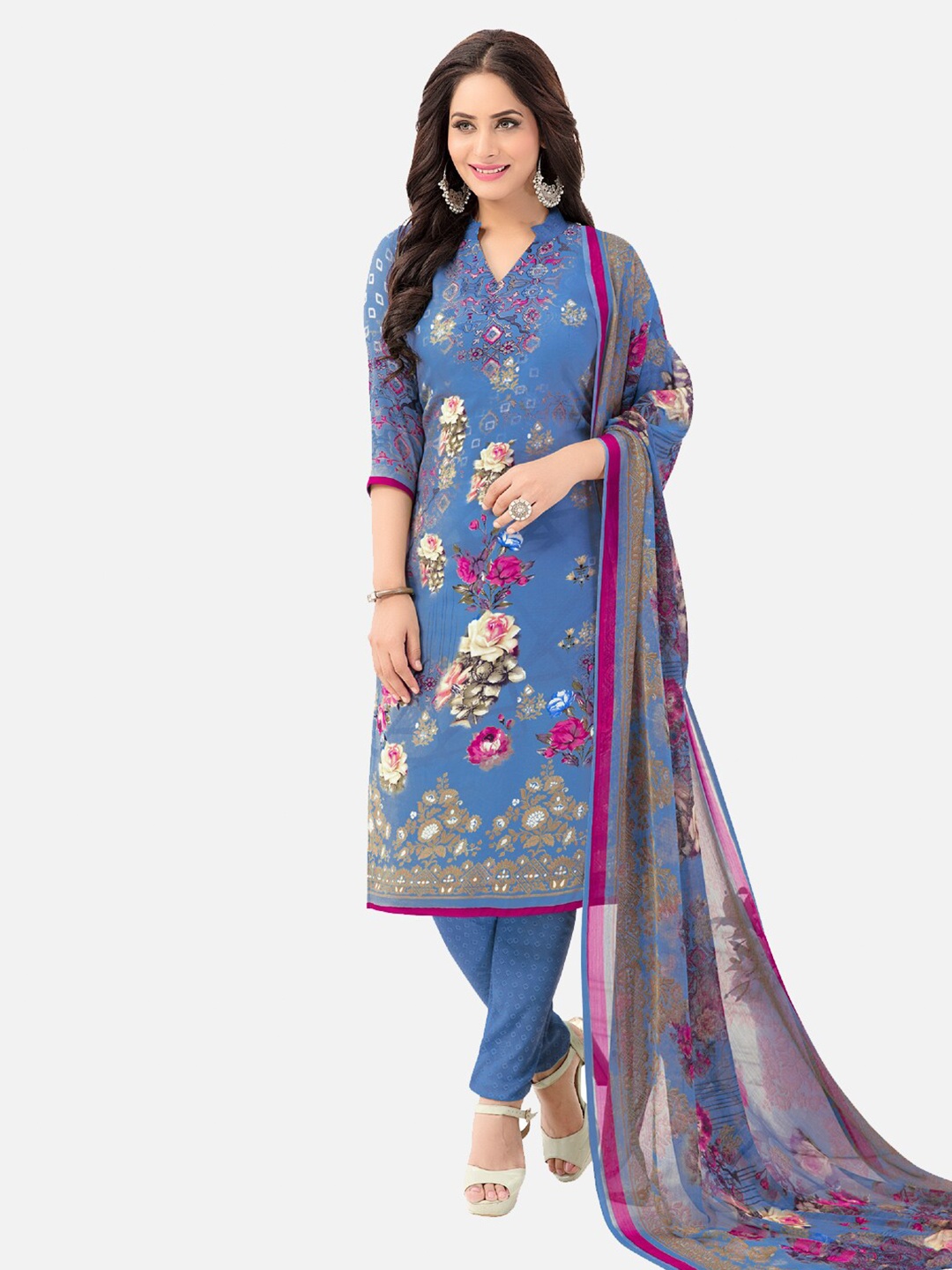 

SALWAR STUDIO Floral Printed Unstitched Dress Material, Blue