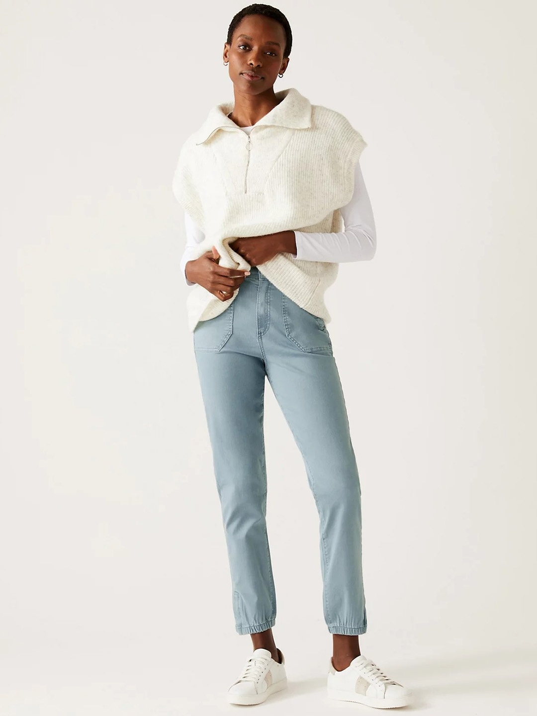 

Marks & Spencer Women Tapered Fit High-Rise Cropped Joggers, Blue