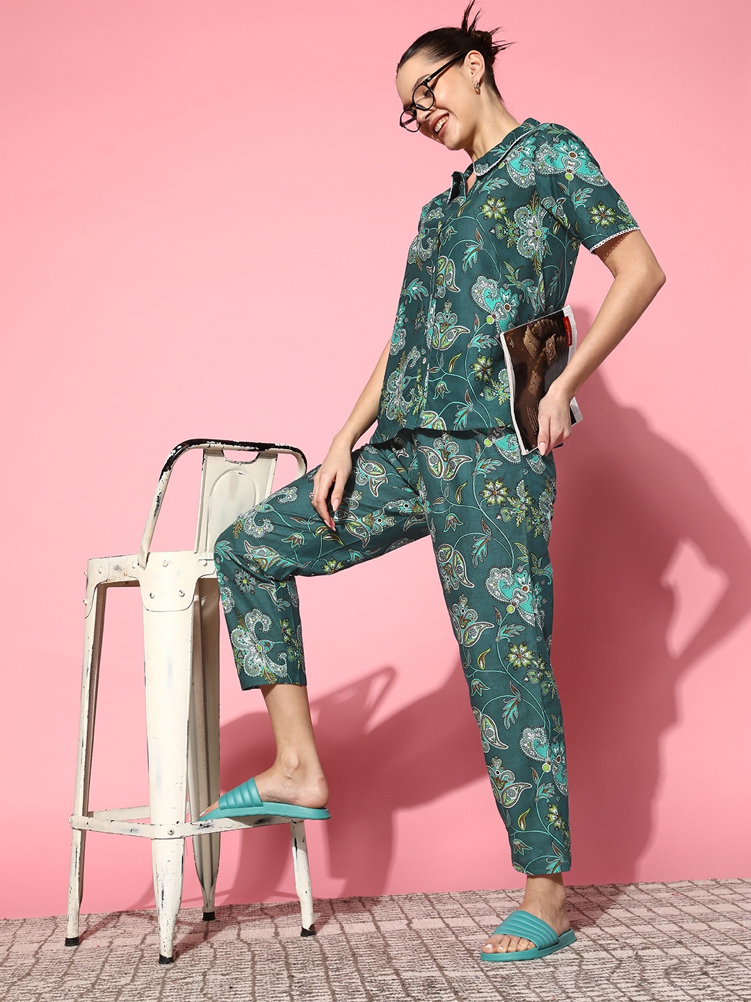 

SANSKRUTIHOMES Printed Cotton Night suit, Green
