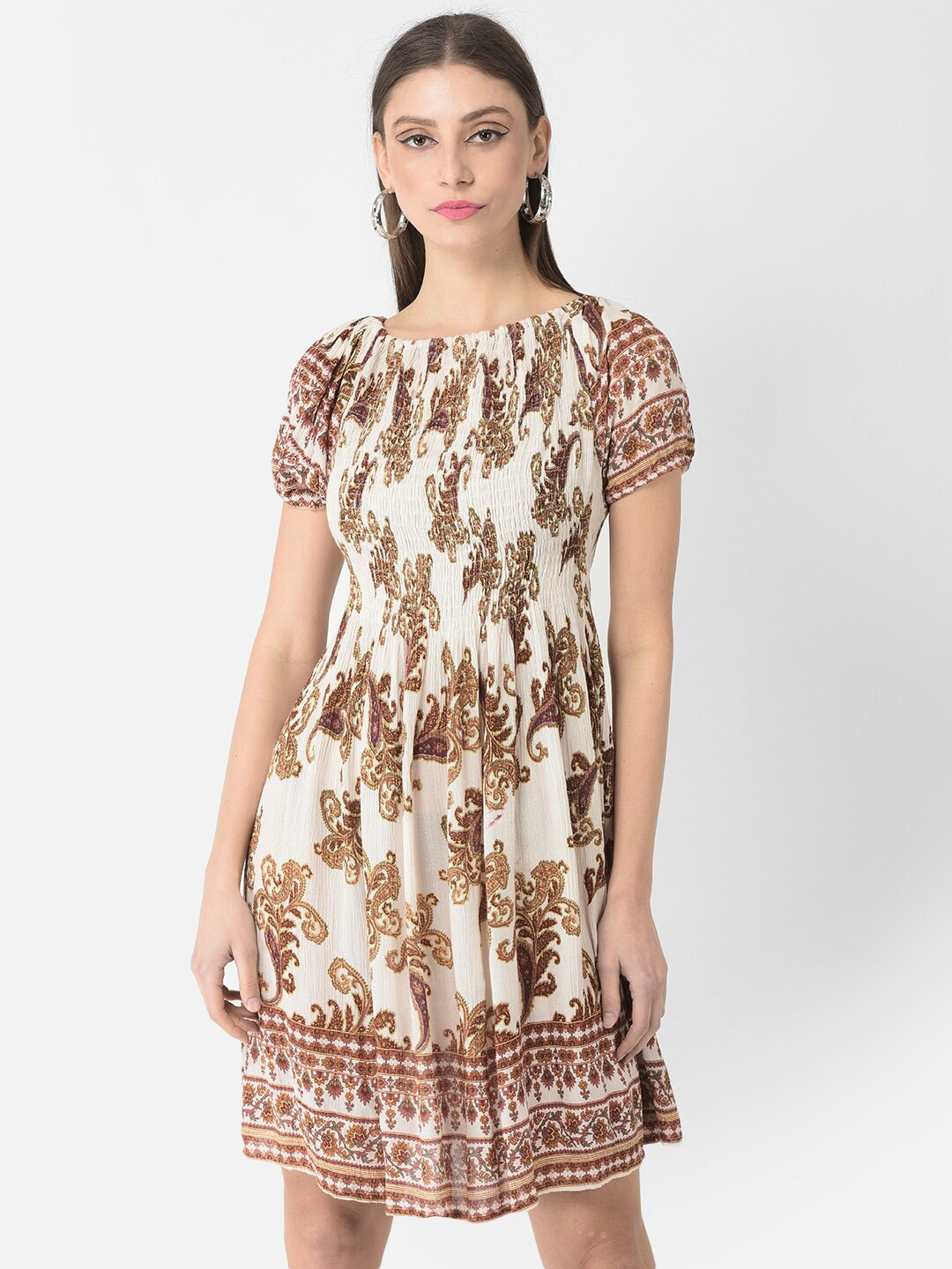 

VELDRESS Smocked Ethnic Motifs Dress, Off white