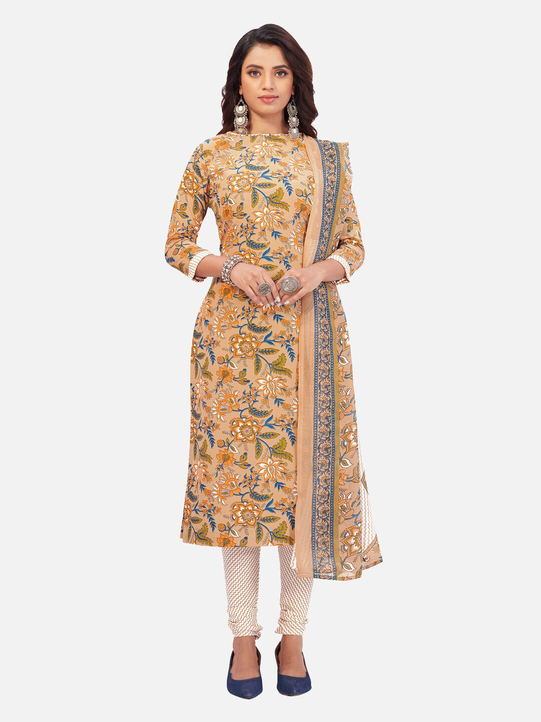 

SALWAR STUDIO Floral Printed Unstitched Dress Material, Beige