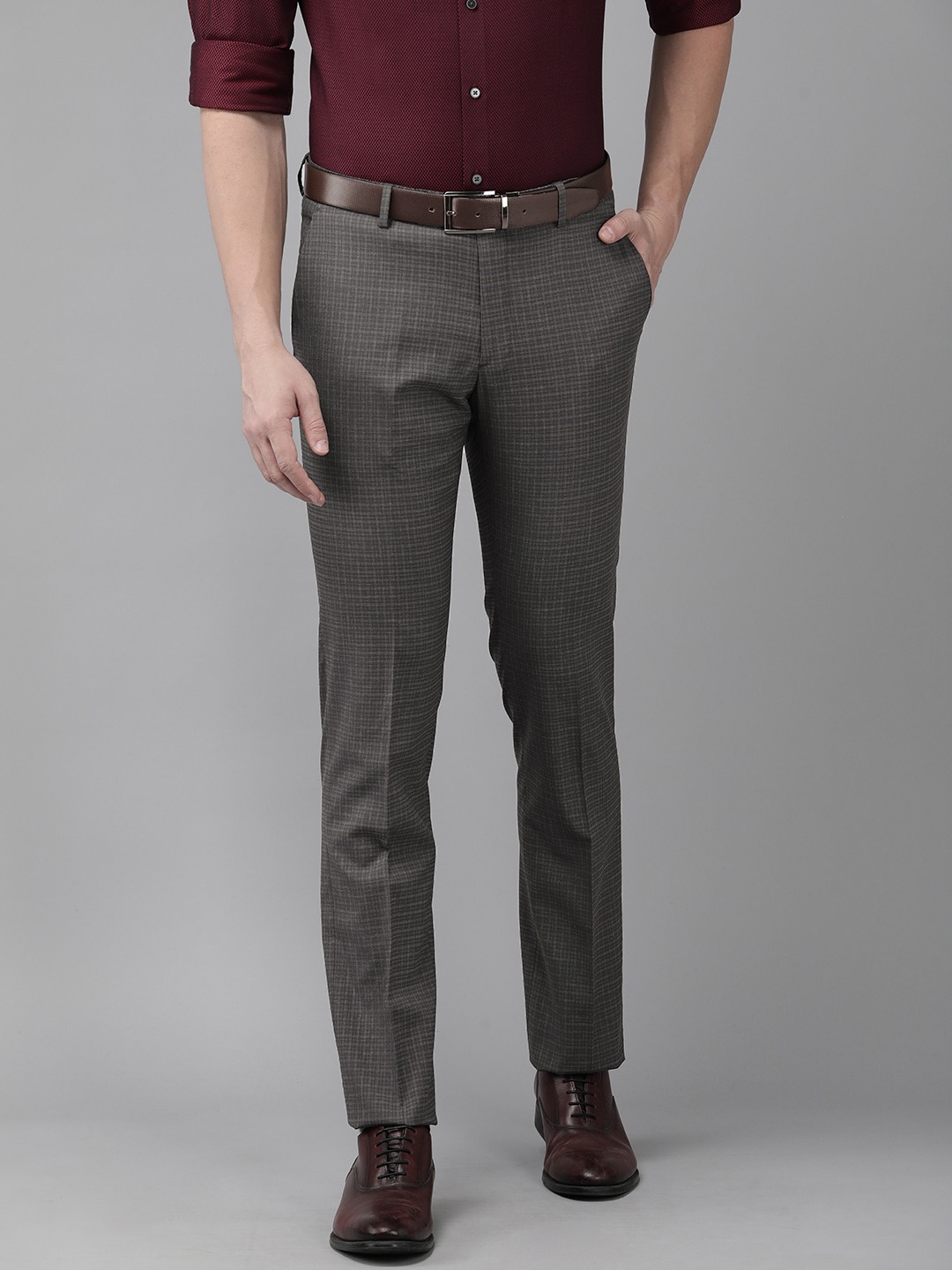 Arrow Men Flat Front Checked Tailored Formal Trousers, Grey