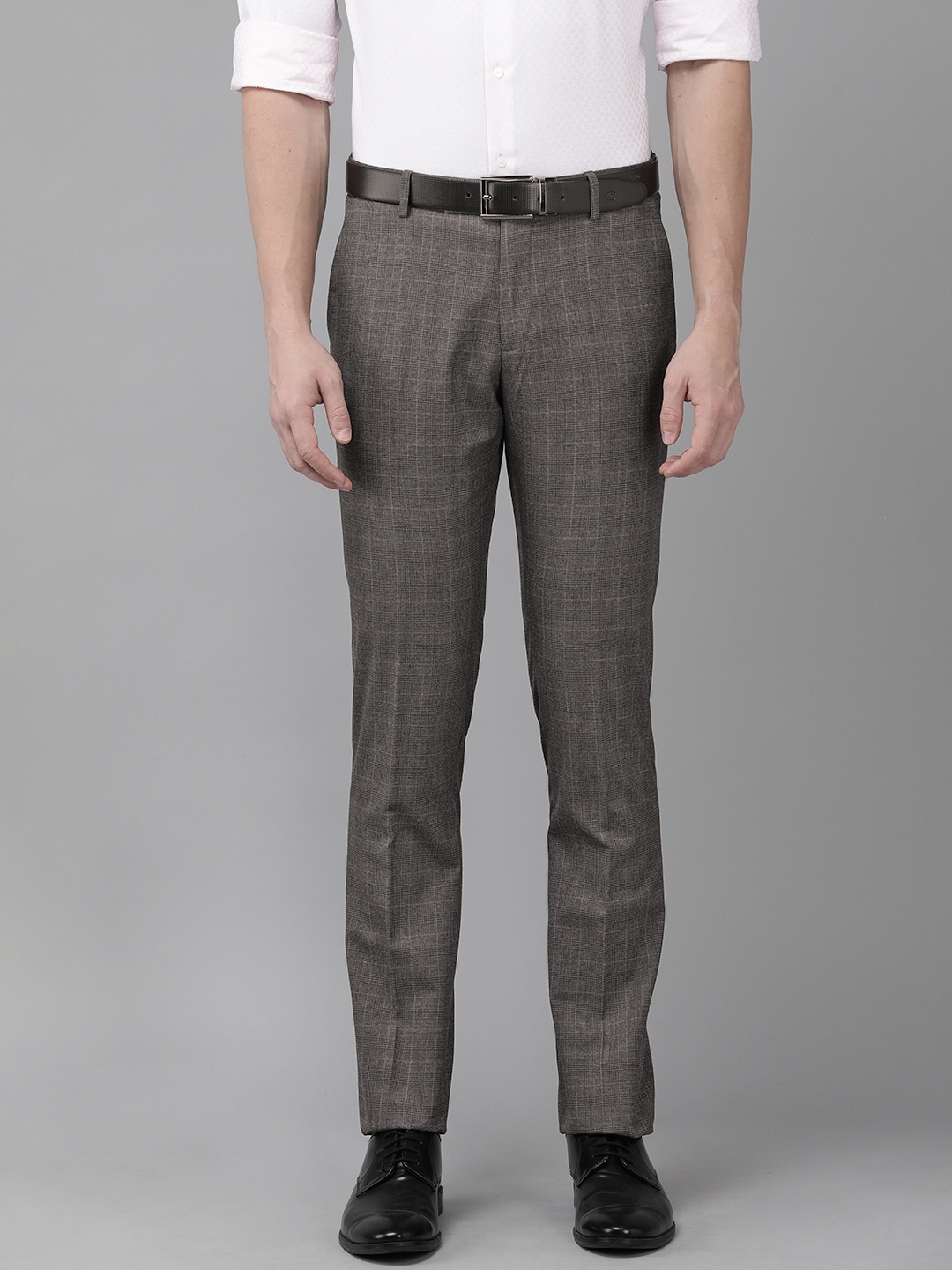 Arrow Men Checked Tailored Flat Front Formal Trousers, Grey