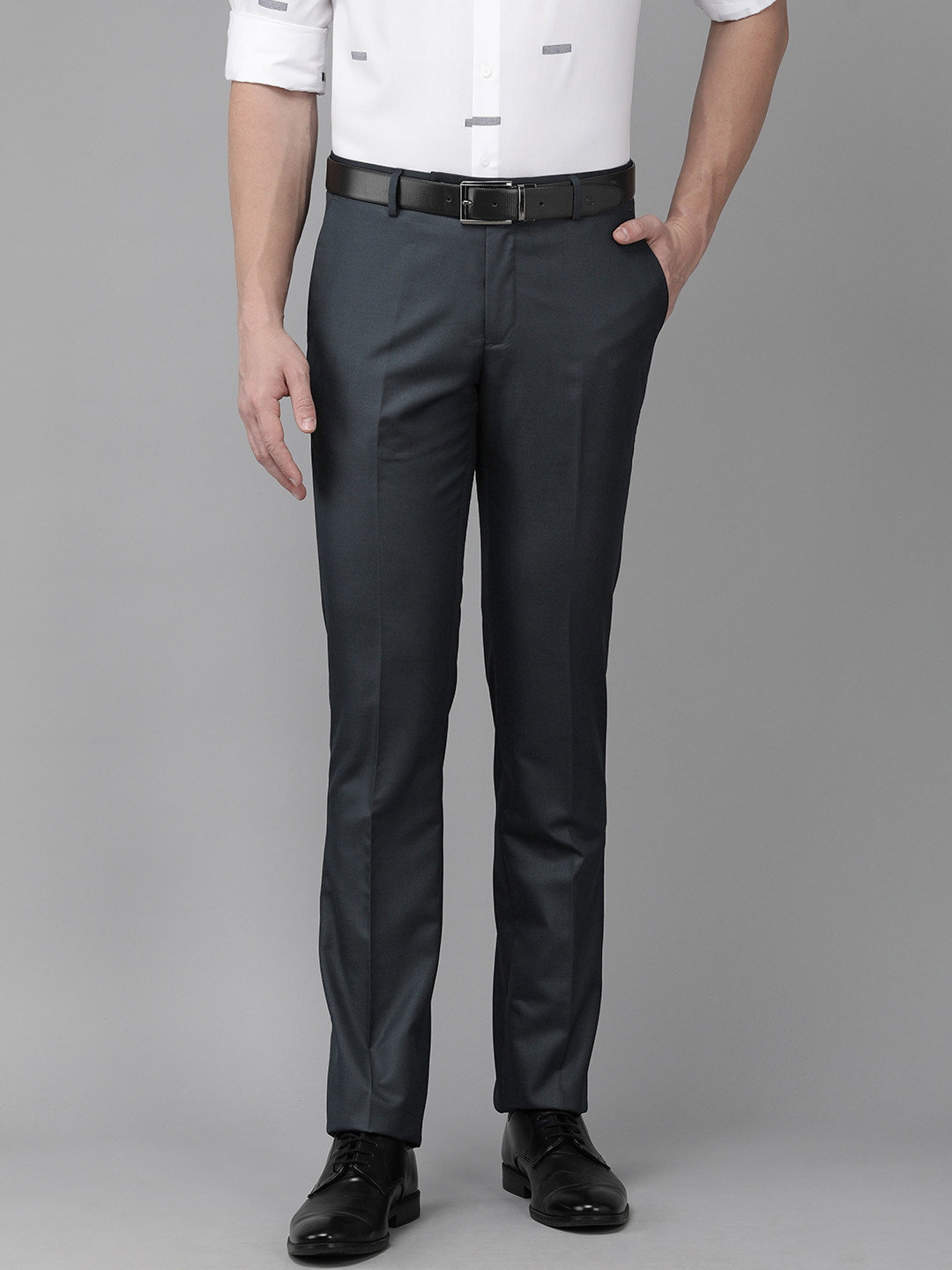

Arrow Men Solid Flat front Tailored Formal Trousers, Navy blue
