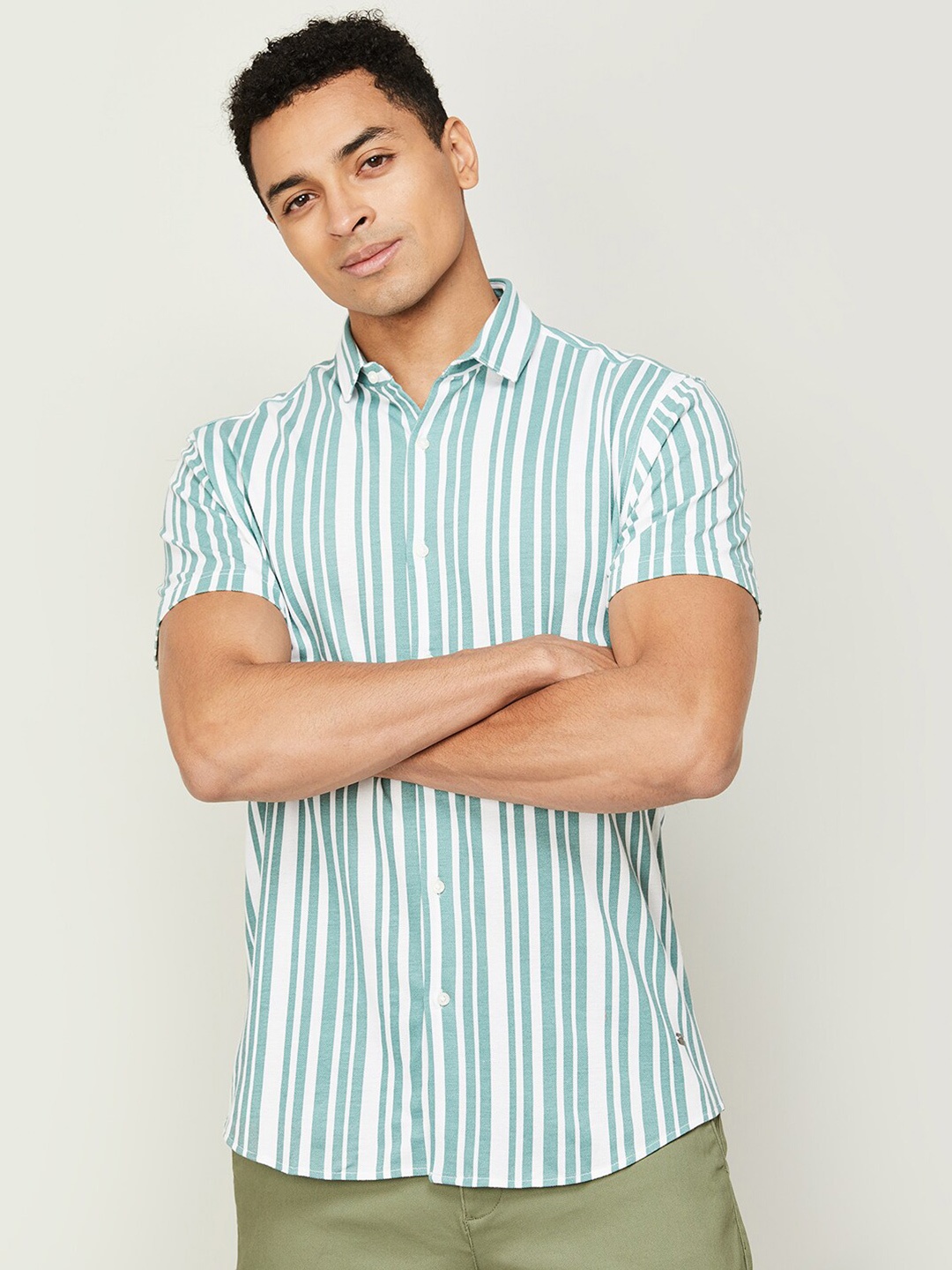 

Fame Forever by Lifestyle Vertical Stripes Striped Casual Cotton Shirt, Green