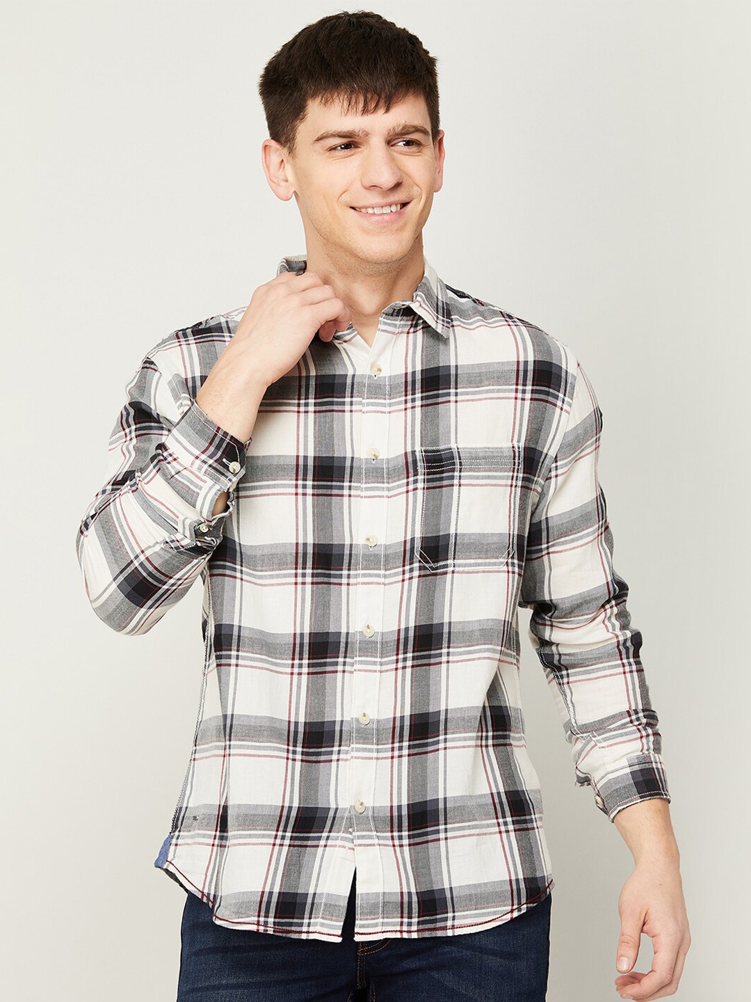 

Forca Men Tartan Checks Checked Casual Cotton Shirt, White