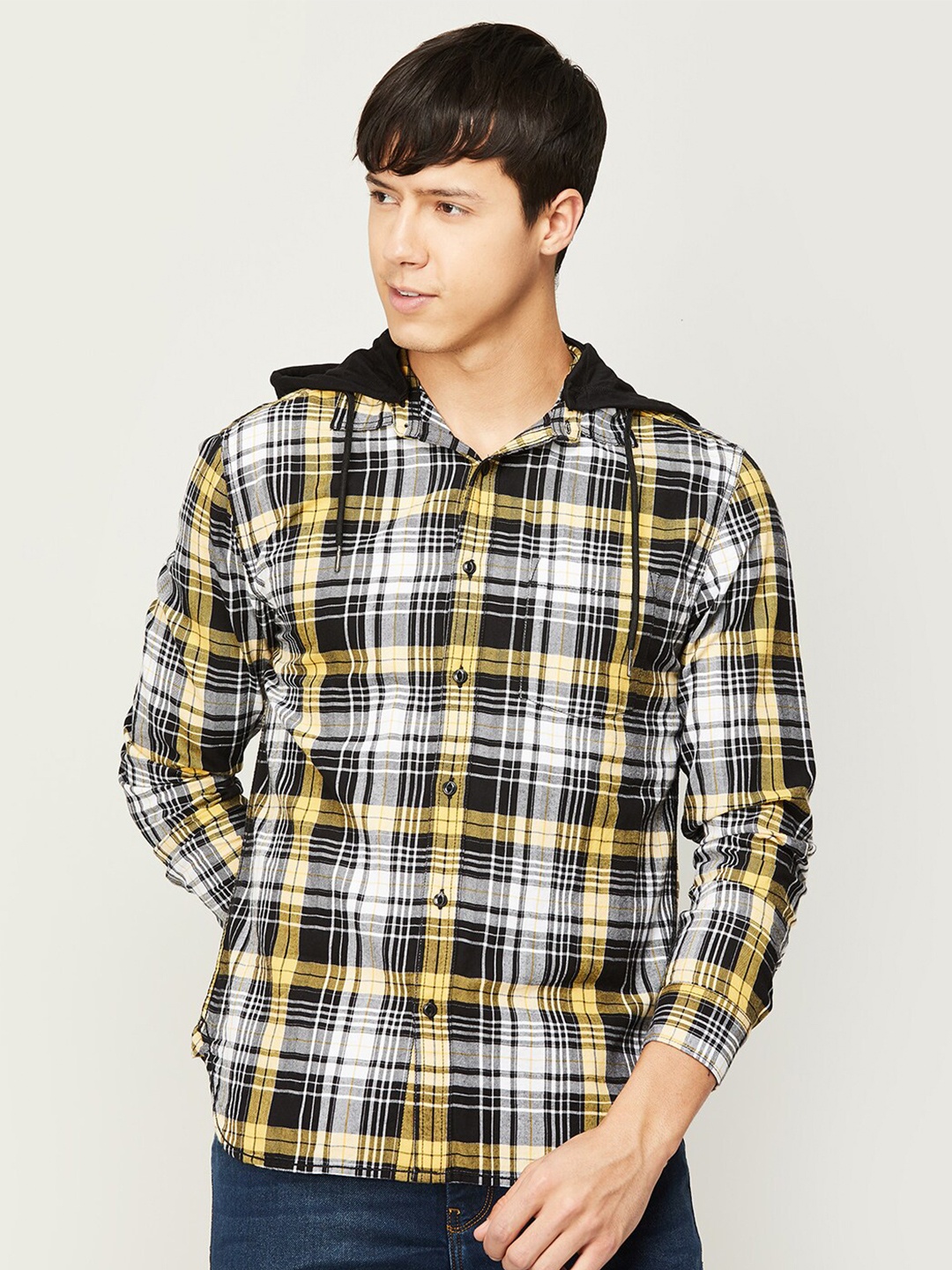 

Forca by Lifestyle Men Tartan Checks Checked Hooded Casual Cotton Shirt, Yellow