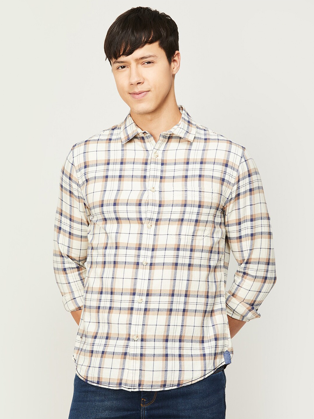

Forca Men Slim Fit Tartan Checks Checked Casual Cotton Shirt, Brown