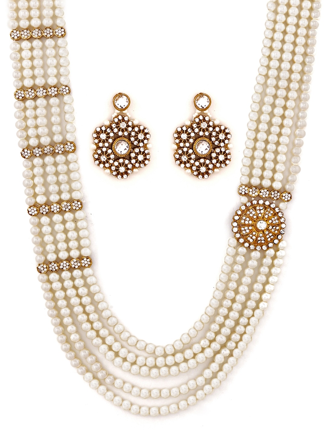 

Zaveri Pearls Off-White & Gold-Toned Multistranded Beaded Jewellery Set