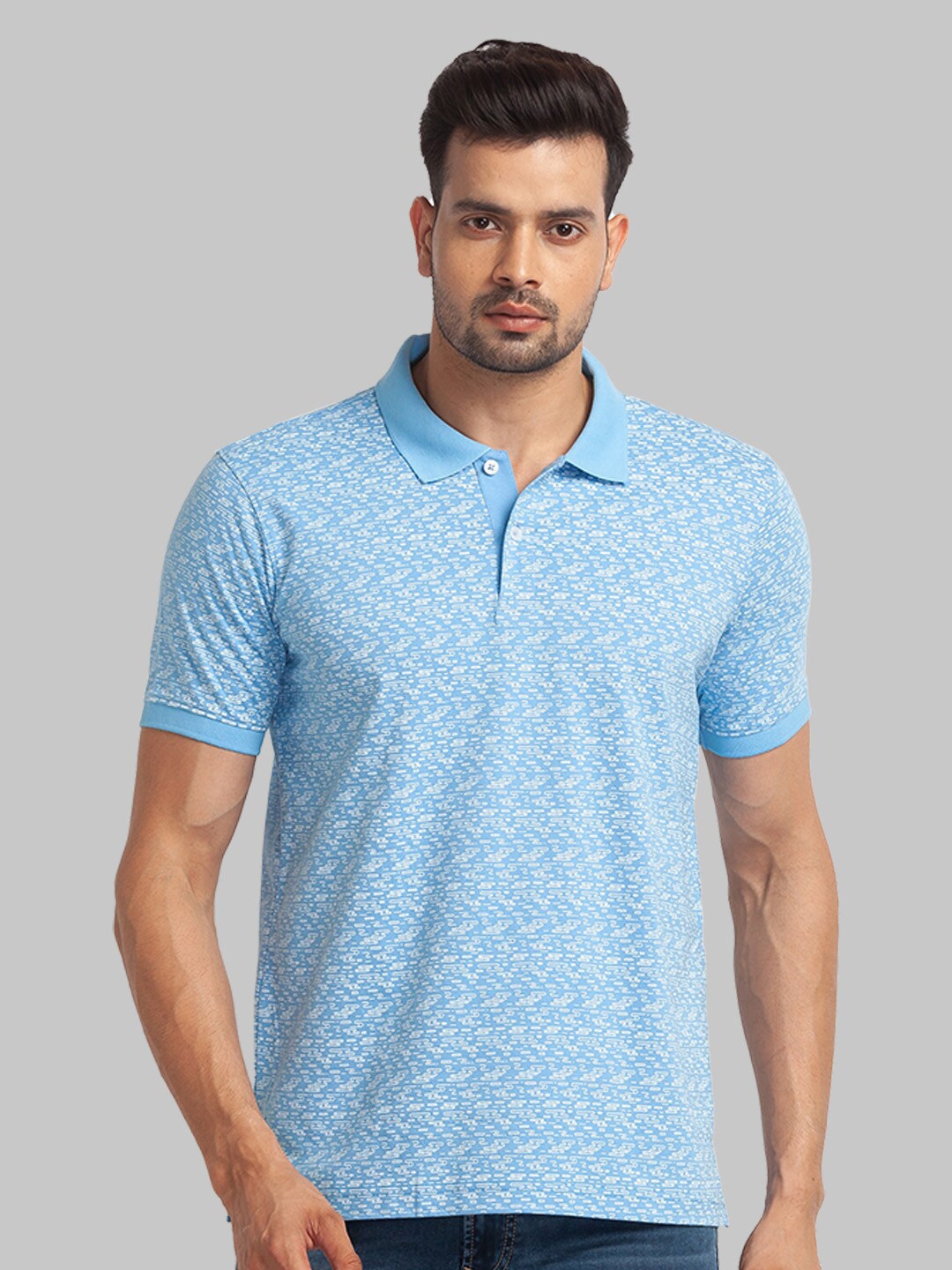 

Park Avenue Men Printed Polo Collar Slim Fit Cotton T-shirt, Turquoise blue
