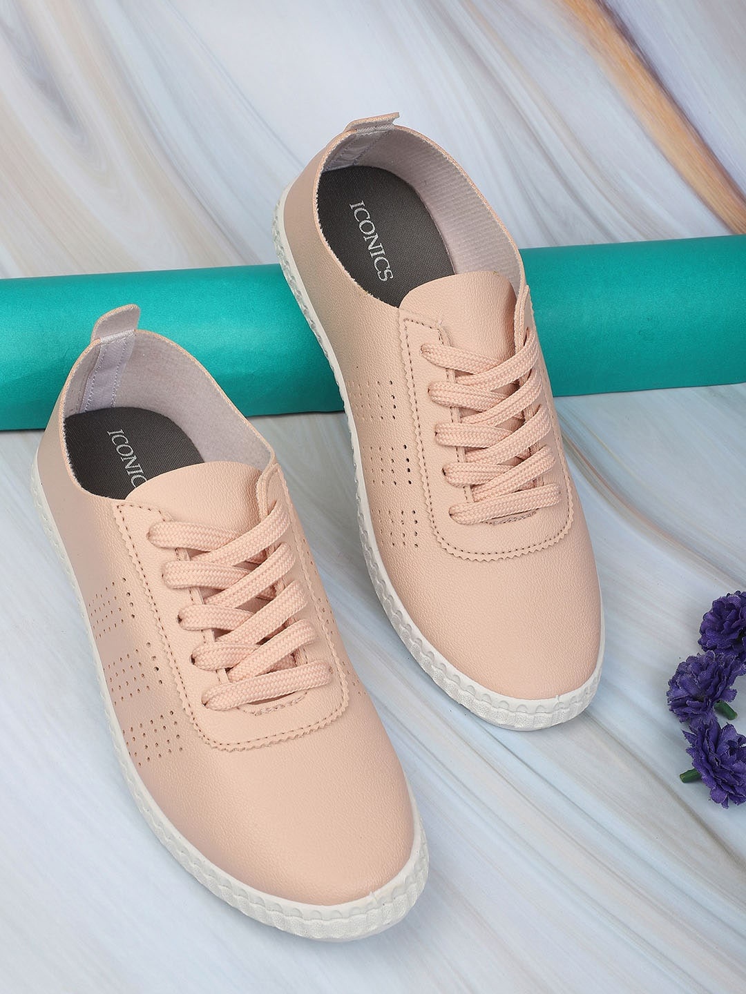 

ICONICS Women Perforated Lace-Up Sneakers, Peach